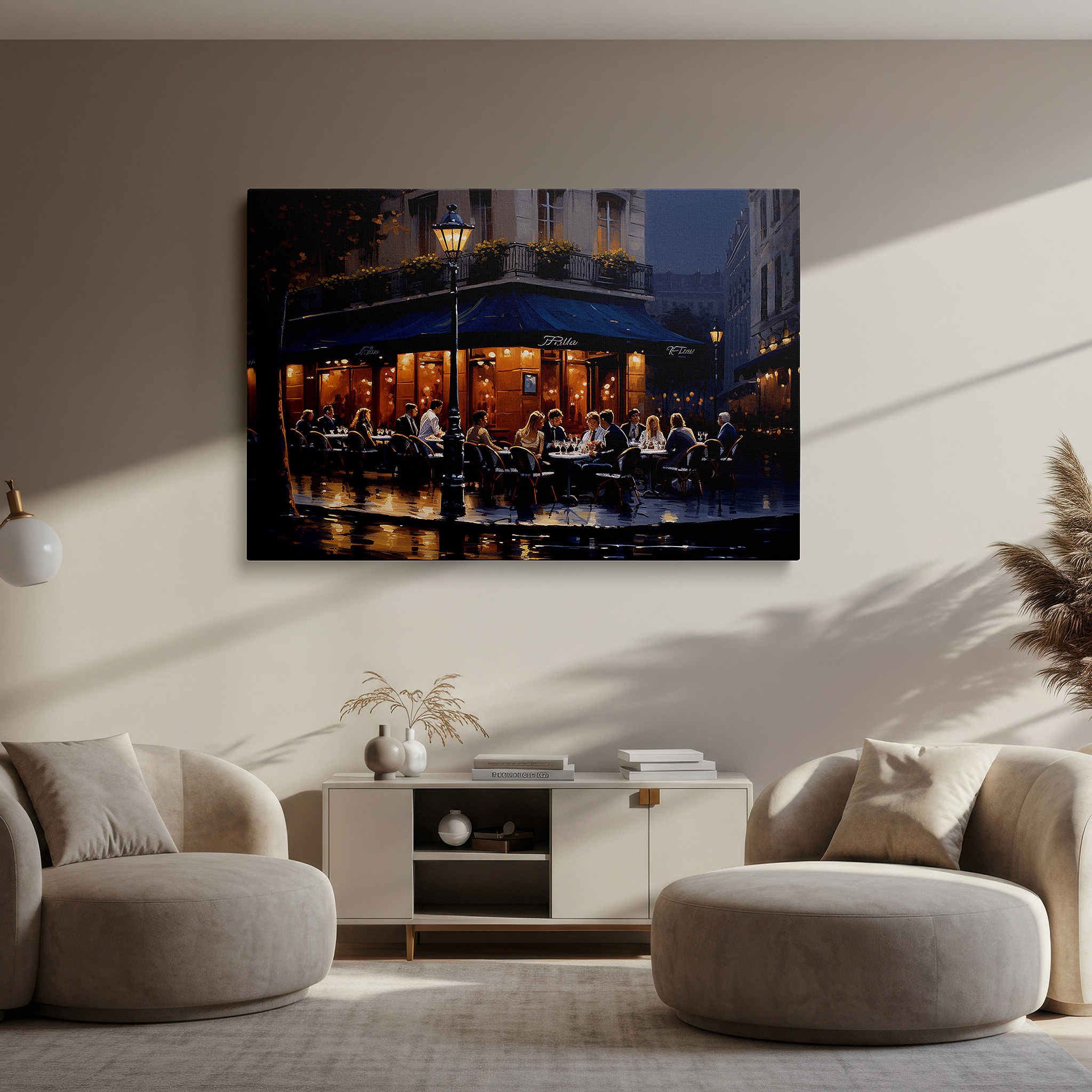Lighting brings out layered depth in the print’s surface grain — parisian bistro ambiance on a rainy evening large canvas wall art for office, bedroom, and living room decor