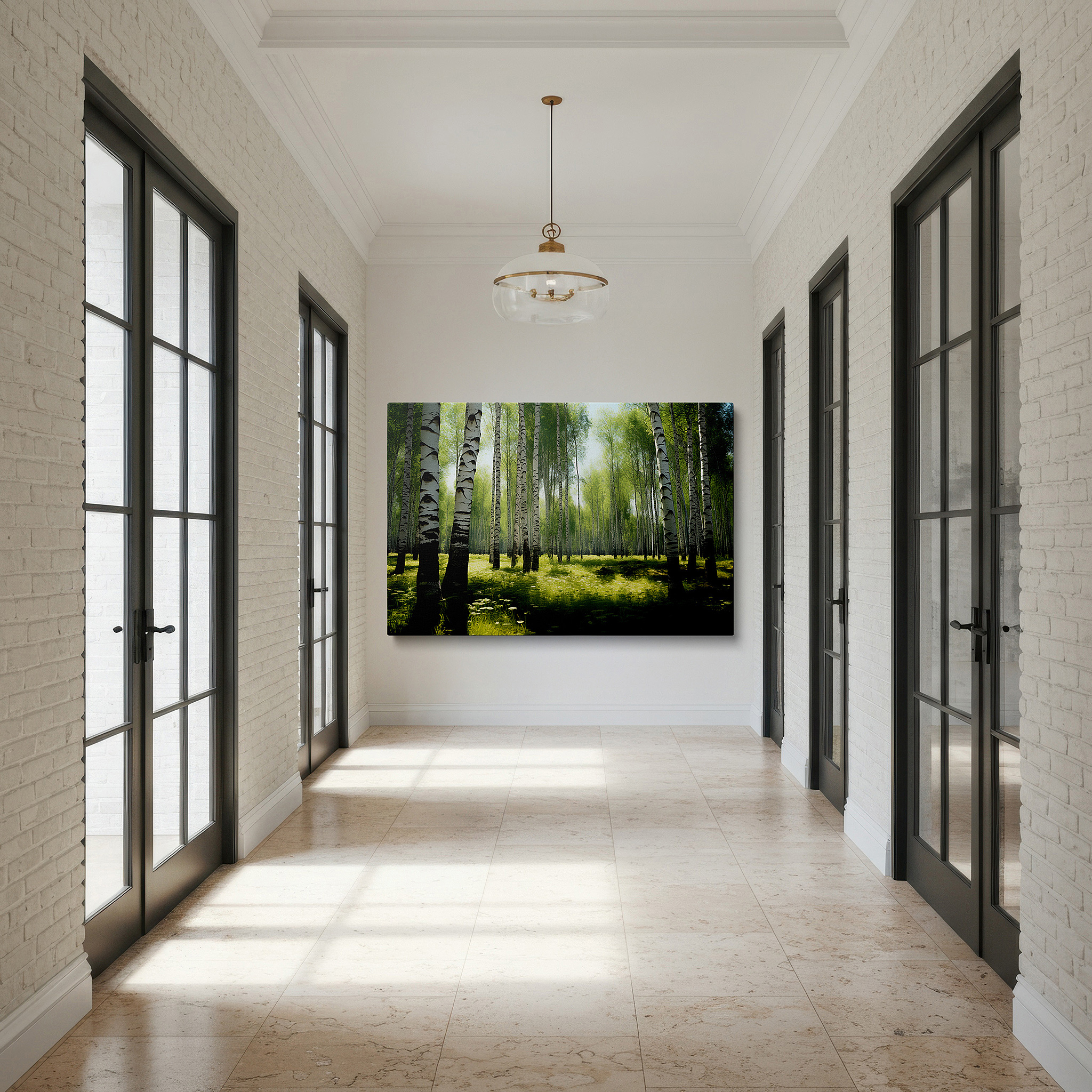 Lighting brings out layered depth in the print’s surface grain — serene birch forest - peaceful woodland escape for quiet reflection: large wall art, canvas wall art, wall decor, office wall art