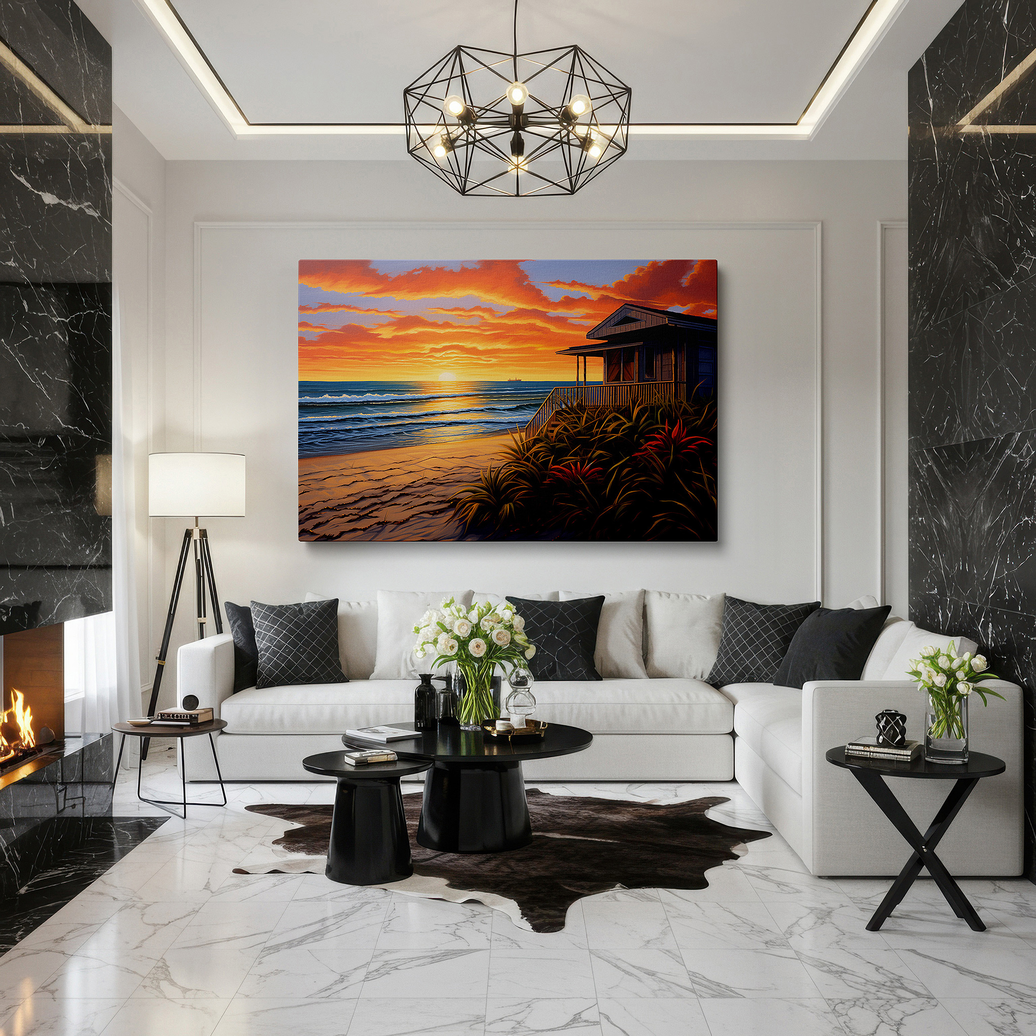 Lighting brings out layered depth in the print’s surface grain — serene coastal sunset and weathered beach house large canvas wall art for office, bedroom, and living room decor