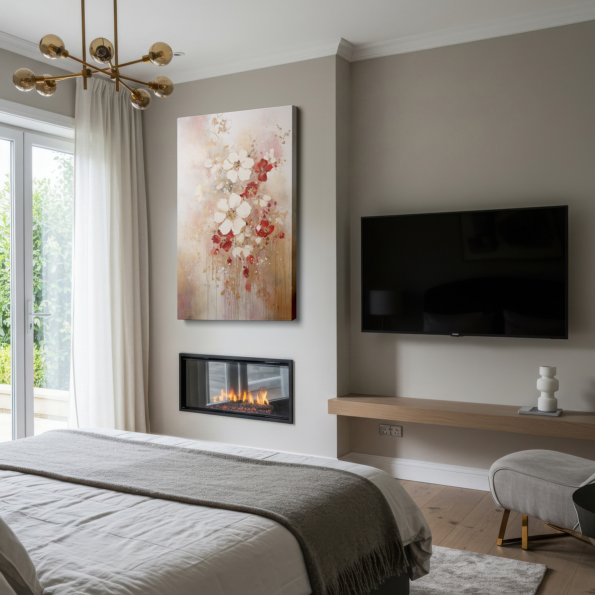 Lighting brings out layered depth in the print’s surface grain — serene floral canvas featuring delicate blossoms and subtle gold highlights, large wall art, canvas wall art, wall decor for office and bedroom