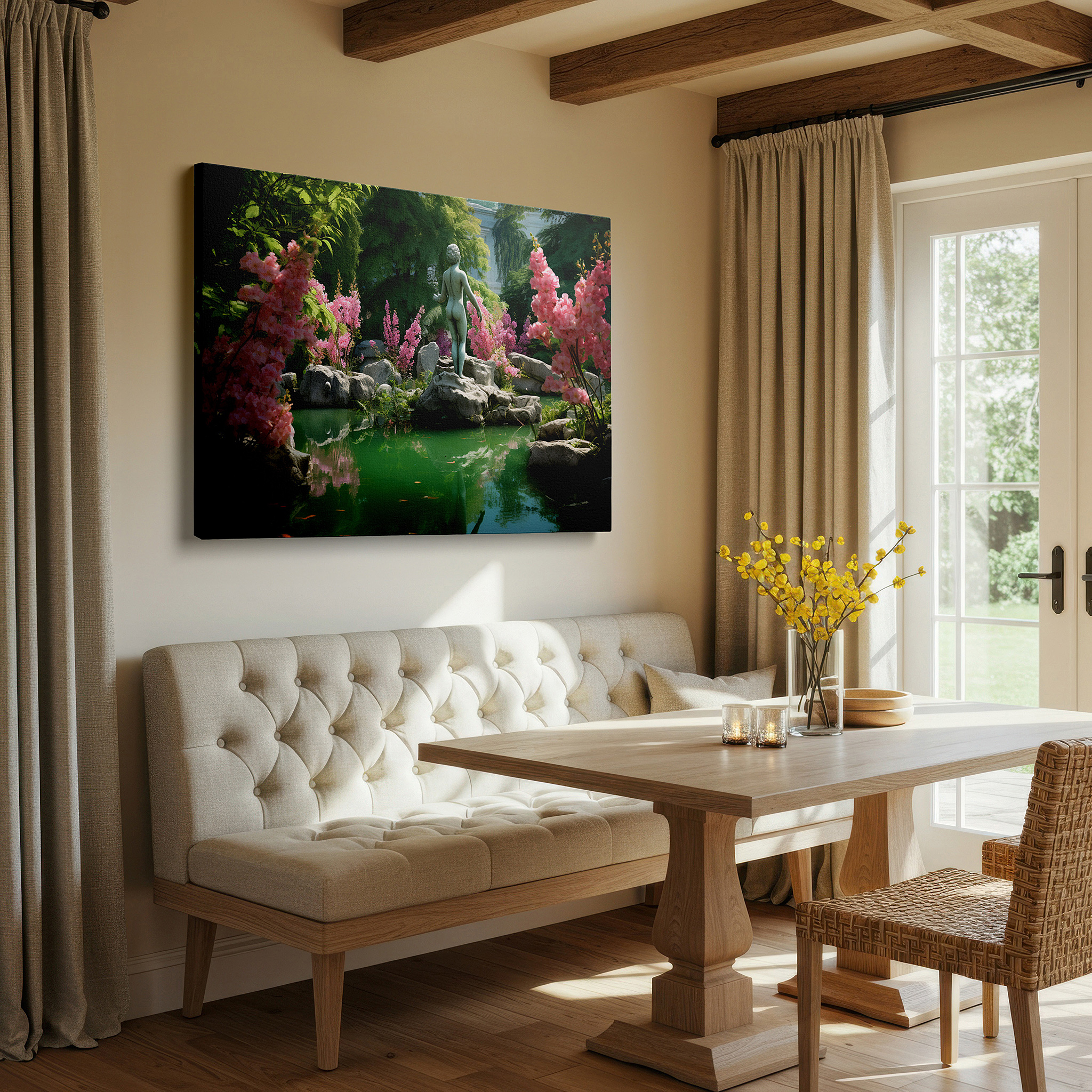 Lighting brings out layered depth in the print’s surface grain — serene garden oasis canvas wall art featuring a pond, graceful statue, and vivid pink flowers - ideal for office or bedroom decor