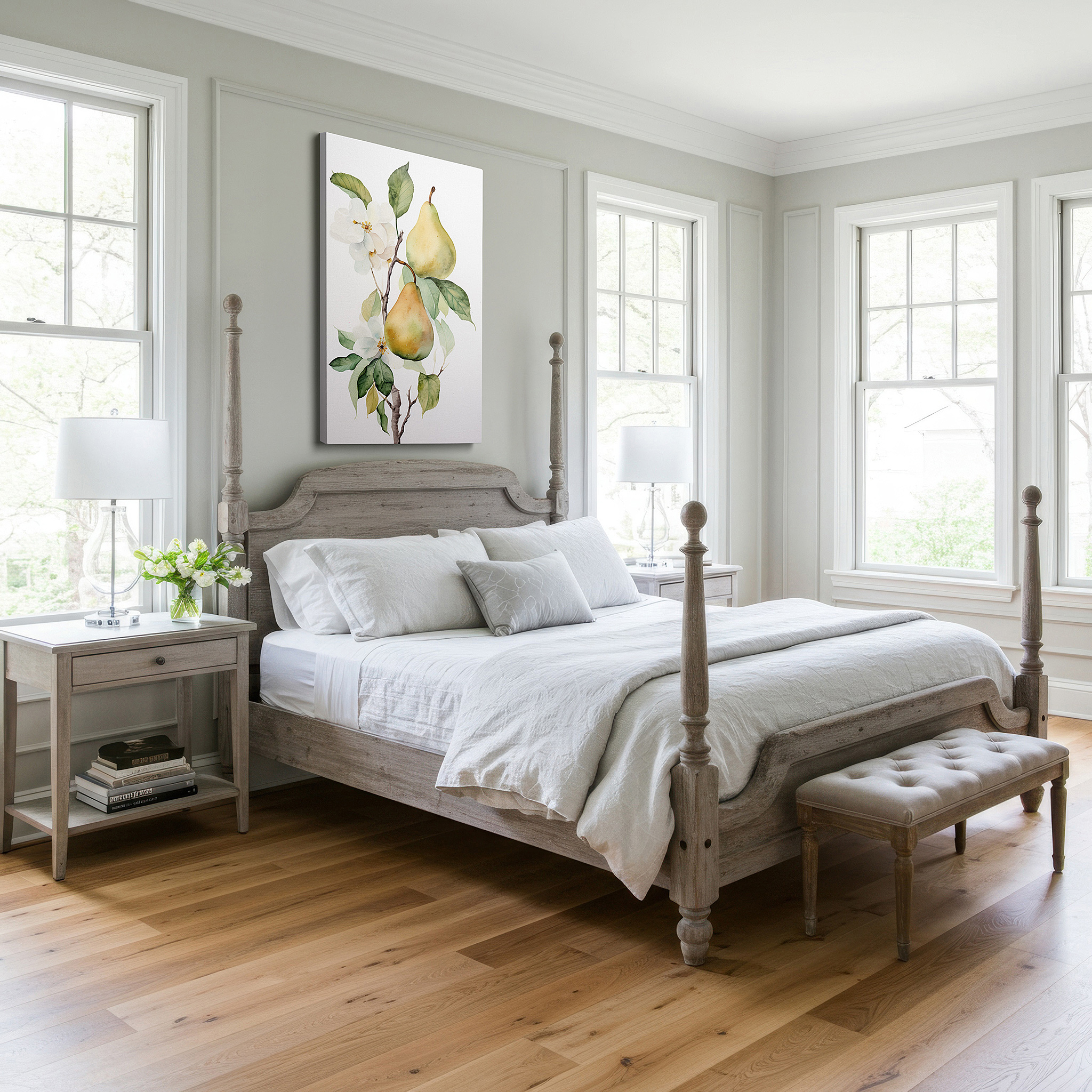 Lighting brings out layered depth in the print’s surface grain — serene garden view featuring mature pears and delicate white flowers, oversized wall art, canvas art, decorative wall art for office, bedroom, and living room