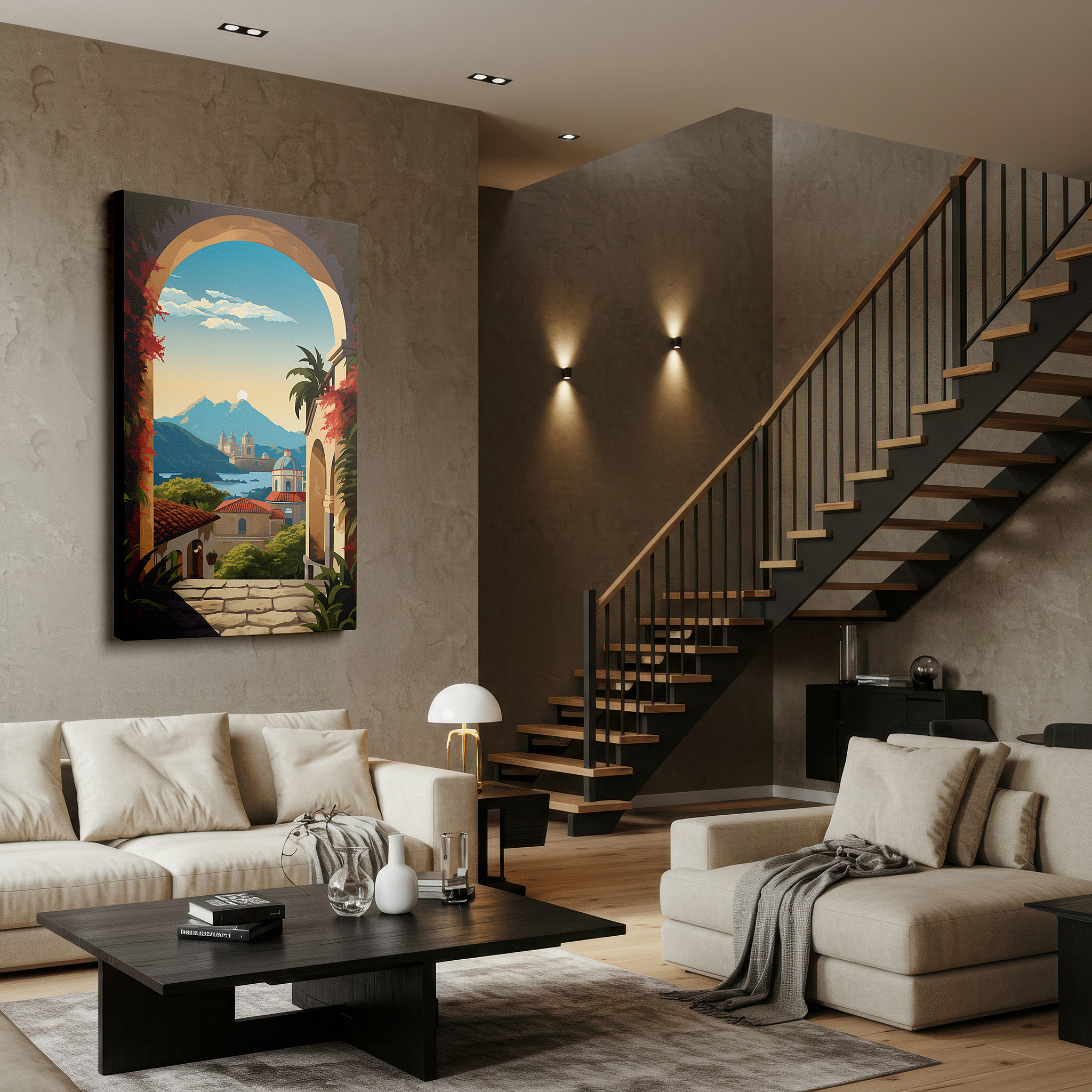 Lighting brings out layered depth in the print’s surface grain — serene landscape viewed through a graceful arch, where nature and history blend peacefully - large wall art, canvas wall art, wall decor for office