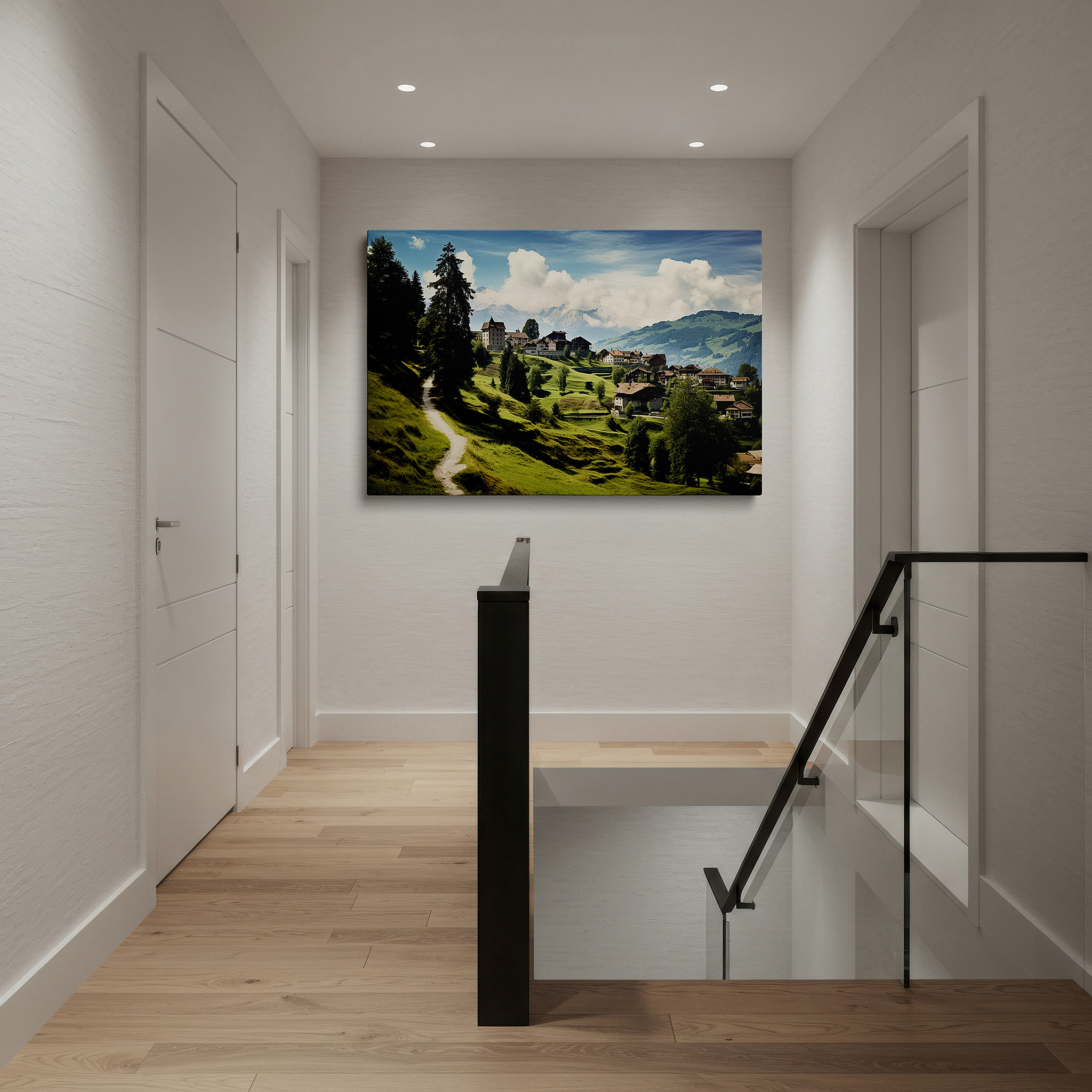 Lighting brings out layered depth in the print’s surface grain — serene mountain village wall art featuring lush greenery and majestic peaks - large canvas for office, bedroom, and living room decor