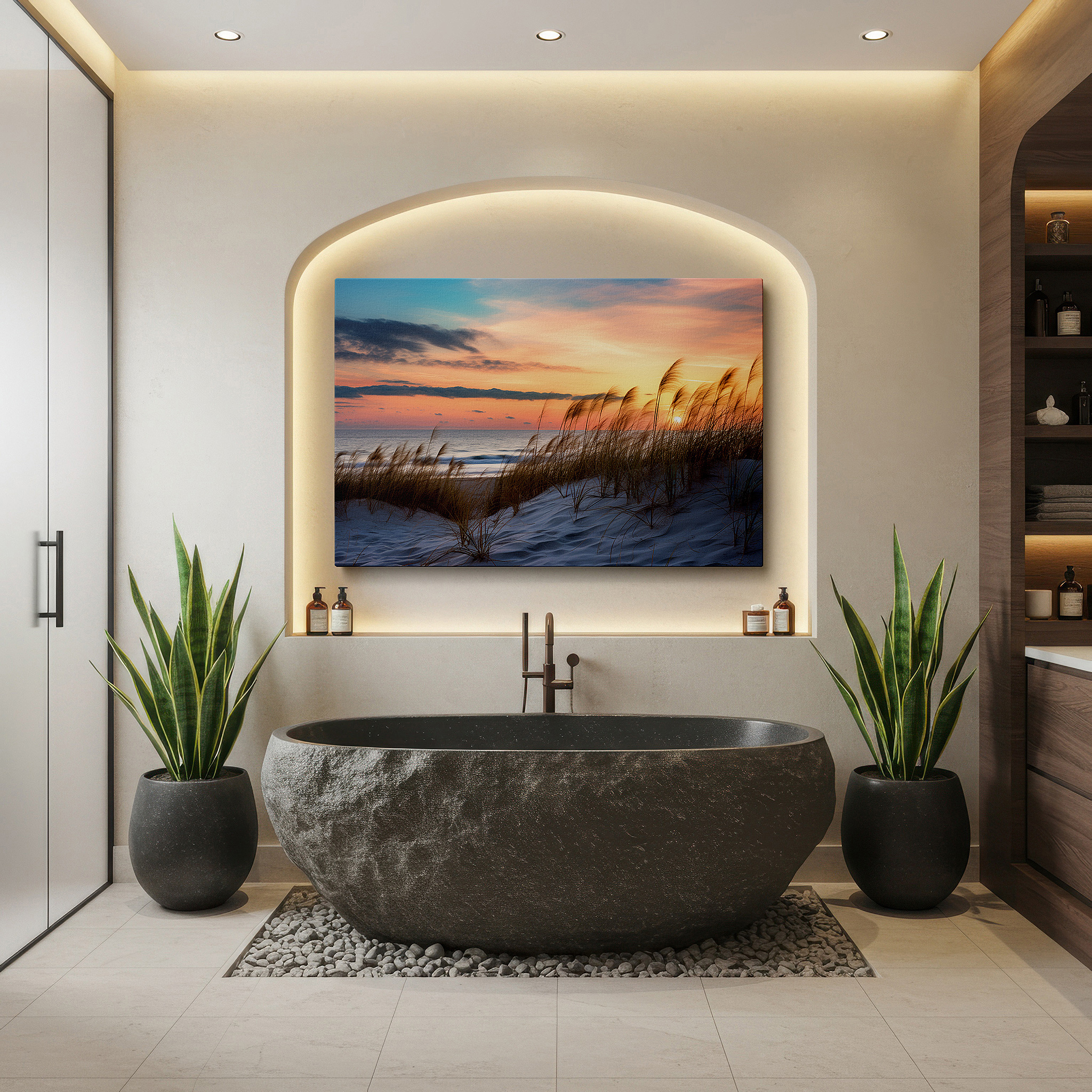 Lighting brings out layered depth in the print’s surface grain — serene ocean dune landscape with twilight sky and swaying grass: large canvas wall art for office, bedroom, and living room decor