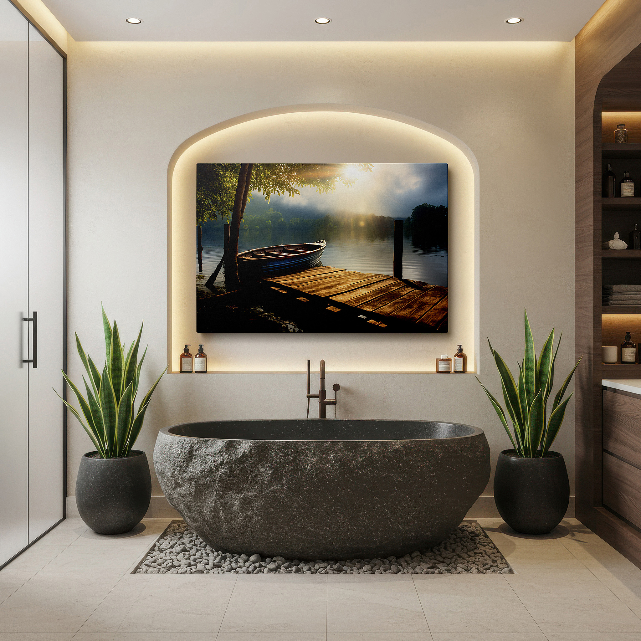 Lighting brings out layered depth in the print’s surface grain — serene sunrise over misty lake with weathered pier and wooden boat - large canvas wall art for office and bedroom decor