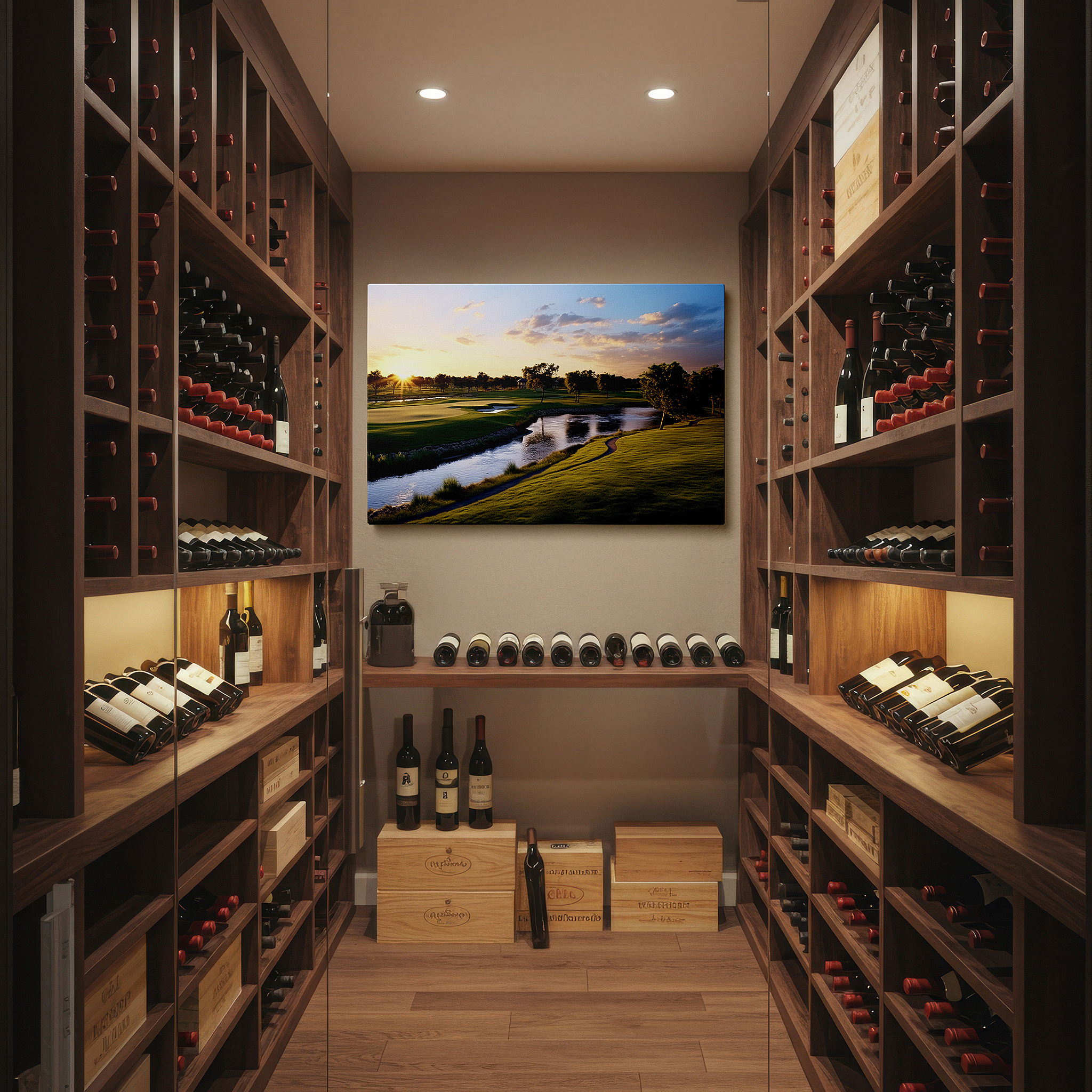 Lighting brings out layered depth in the print’s surface grain — serene sunset golf course, tranquil landscape with lush greenery and radiant skies, large canvas wall art decor for office