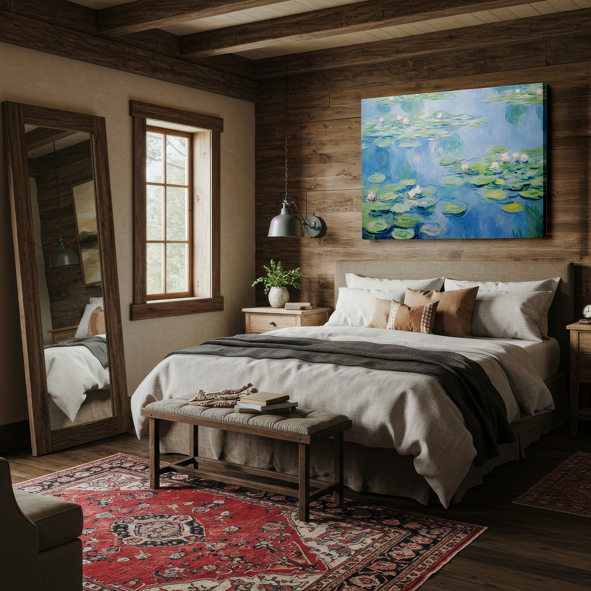 Lighting brings out layered depth in the print’s surface grain — serene water lilies on a tranquil pond - a masterful impressionist tribute: large canvas wall art for office and bedroom decor