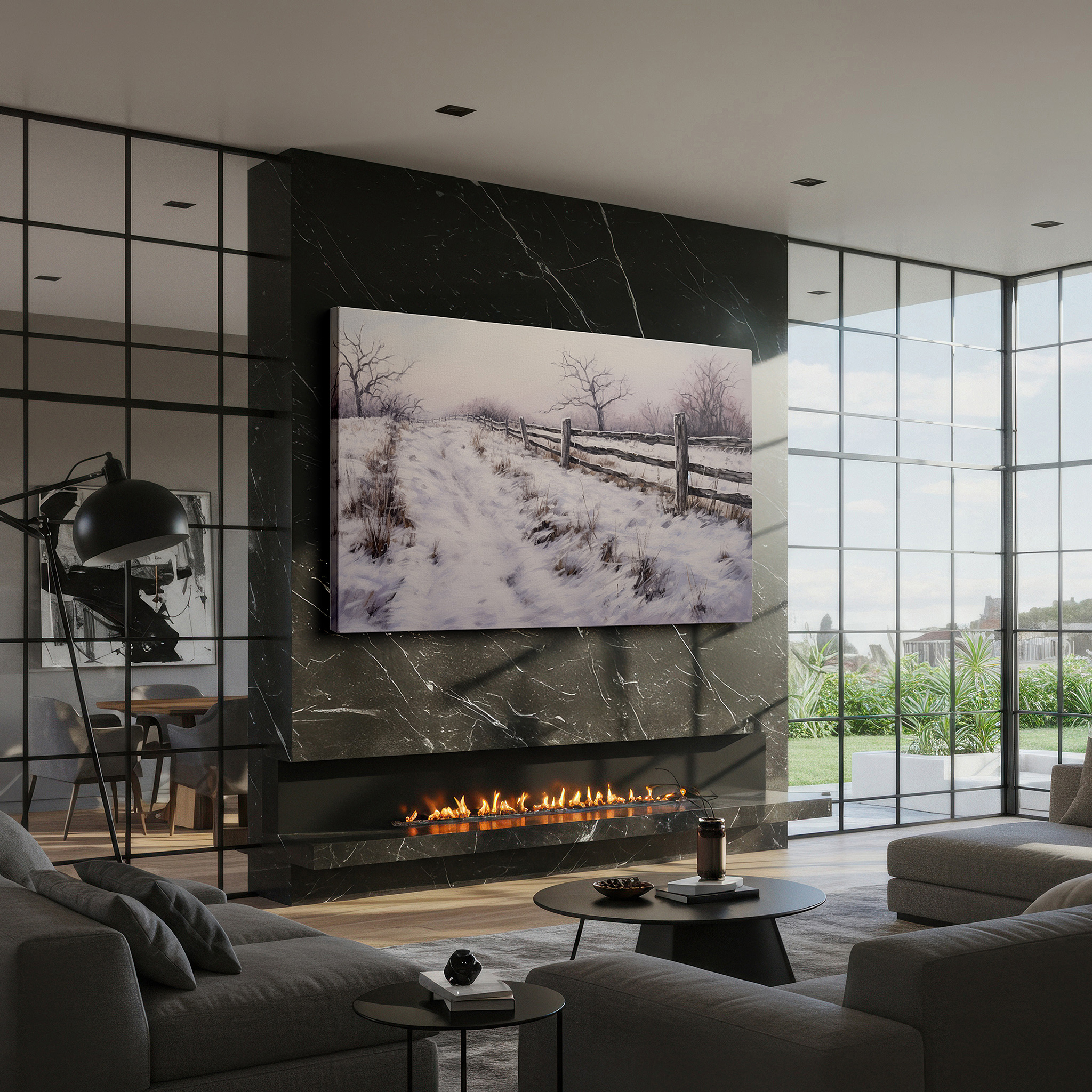 Lighting brings out layered depth in the print’s surface grain — serene winter landscape featuring a snow-covered path and rustic wooden fence - large canvas wall art for office and bedroom decor