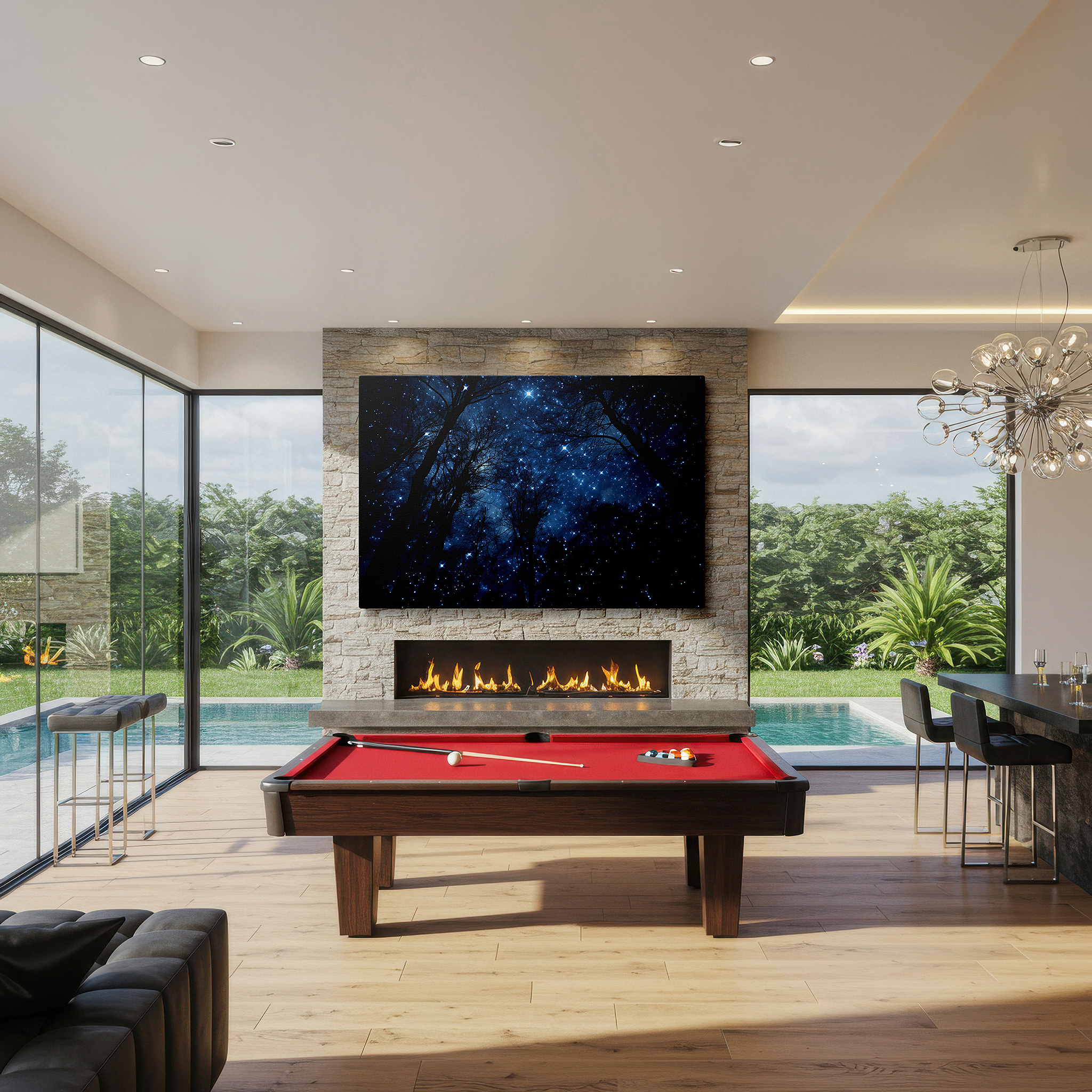 Lighting brings out layered depth in the print’s surface grain — starry night sky and enigmatic forest wall art: large canvas featuring a tranquil realm with twinkling stars and mystical lights, ideal for office decor