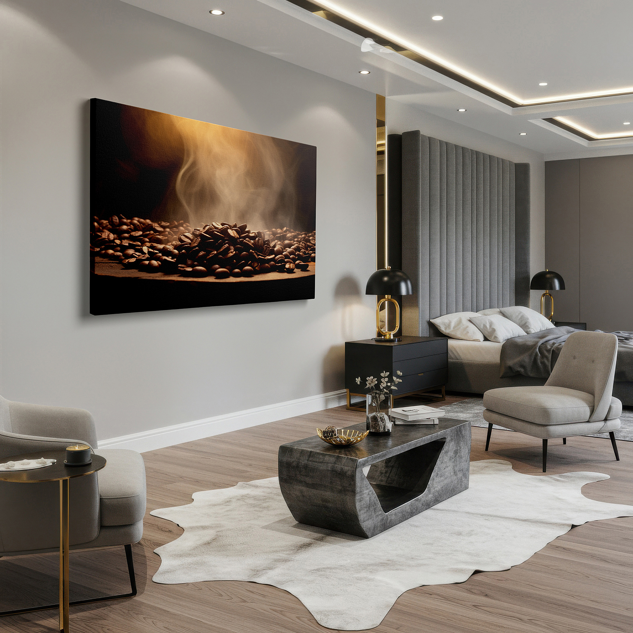 Lighting brings out layered depth in the print’s surface grain — steamy coffee beans on rustic wood: a sensory journey of warmth and aroma - large wall art, canvas wall art, wall decor for office and bedroom