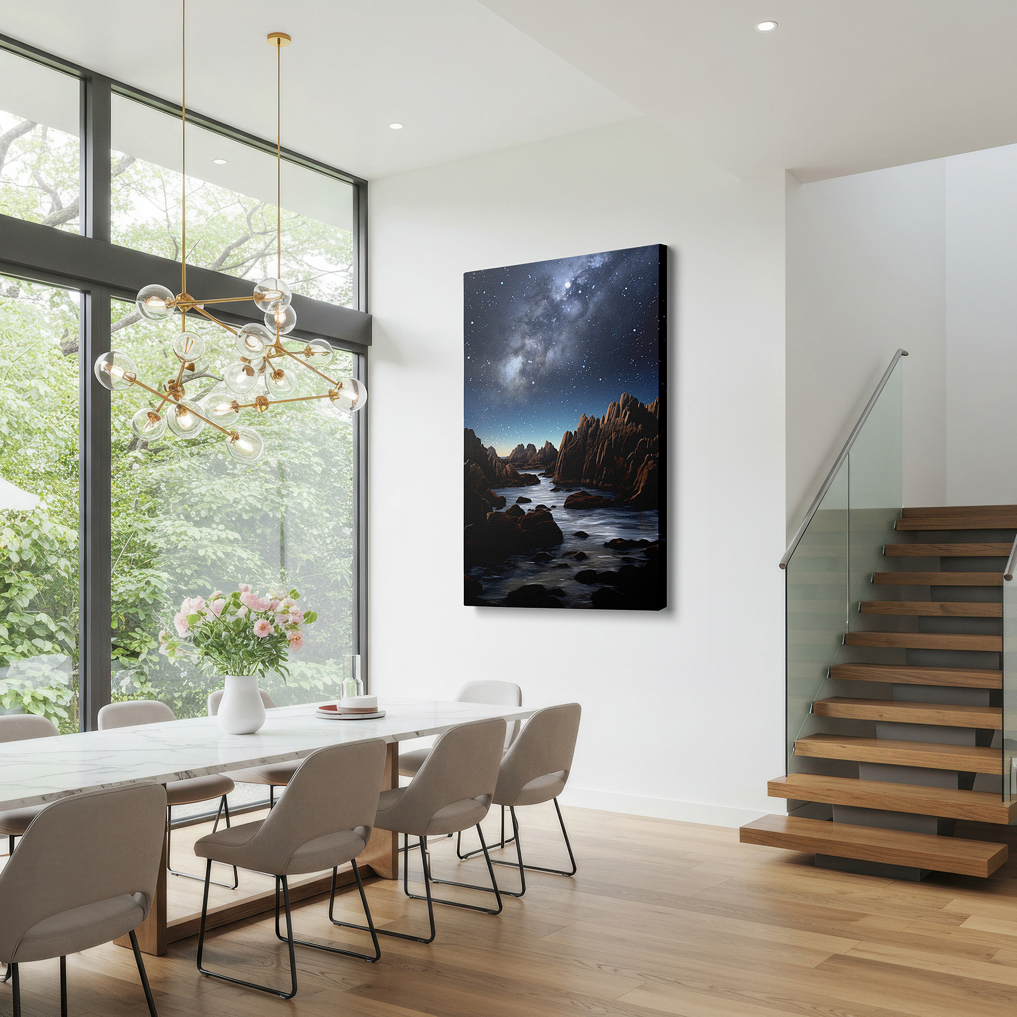 Lighting brings out layered depth in the print’s surface grain — stunning rocky landscape beneath the ethereal milky way, large canvas wall art for a visual journey into nature and the cosmos, perfect for home or office decor