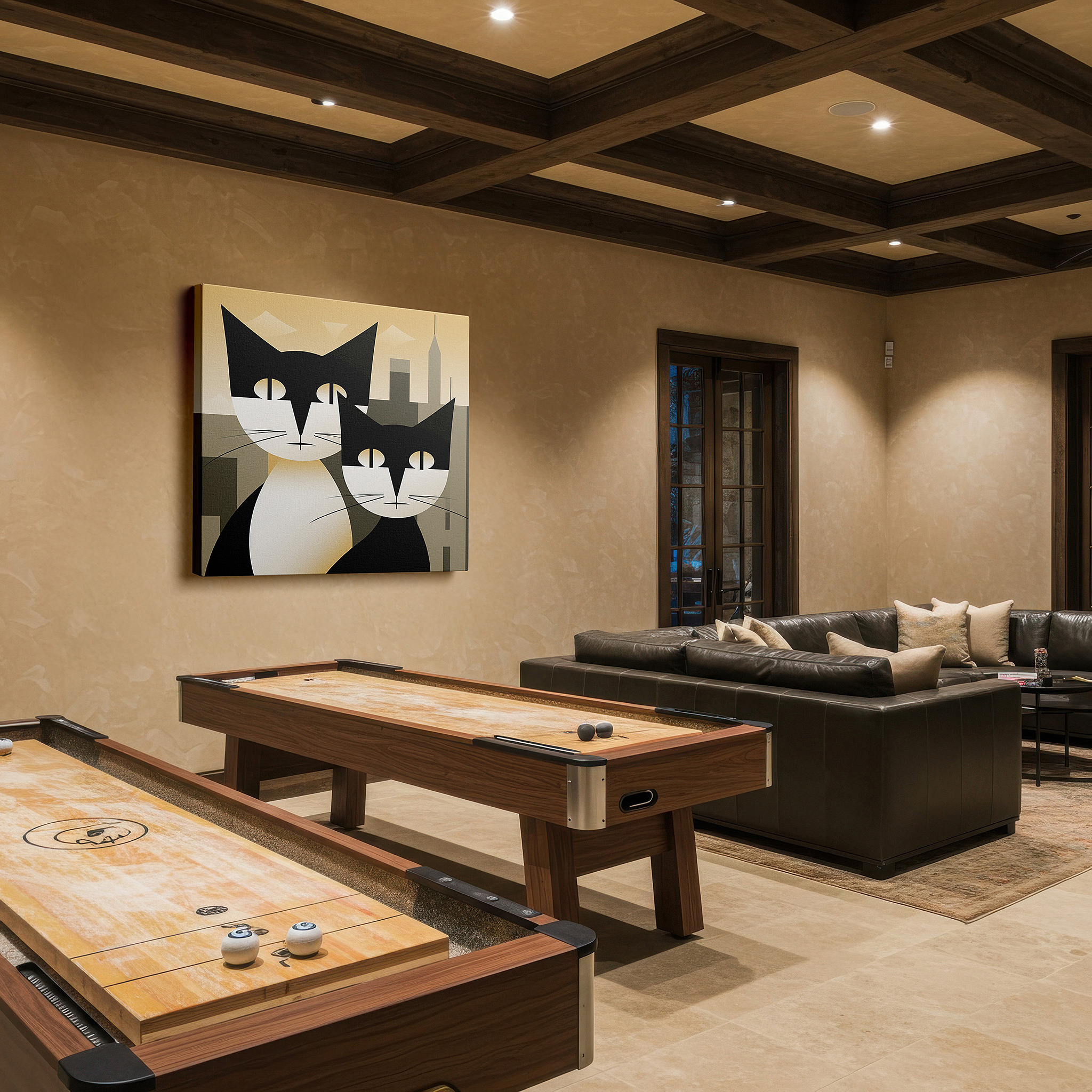 Lighting brings out layered depth in the print’s surface grain — stylized black and white cats on a pastel cityscape - large urban whimsy canvas wall art for office decor