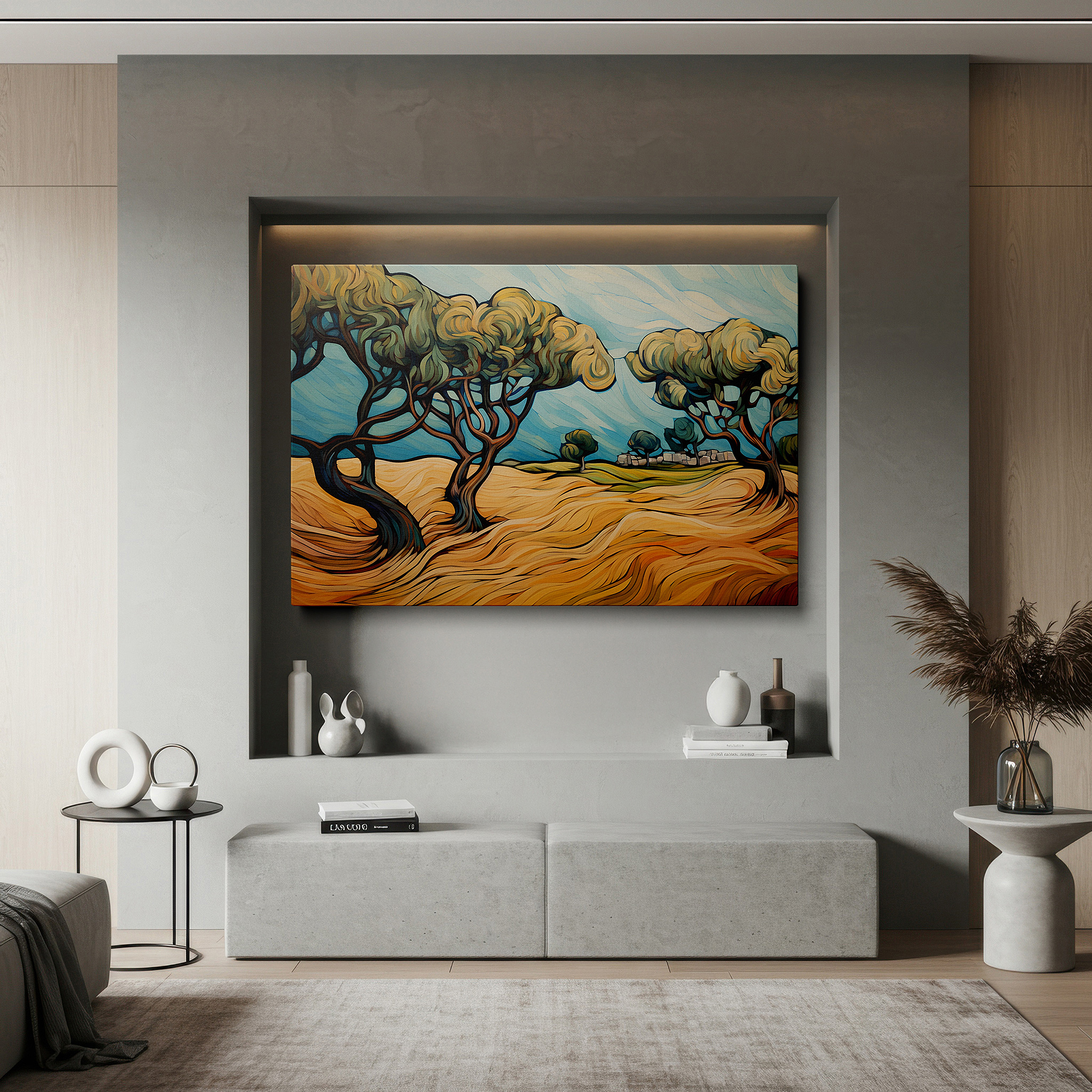 Lighting brings out layered depth in the print’s surface grain — stylized trees and vibrant landscapes harmonious dance large wall art, canvas wall art, wall decor for office and bedroom