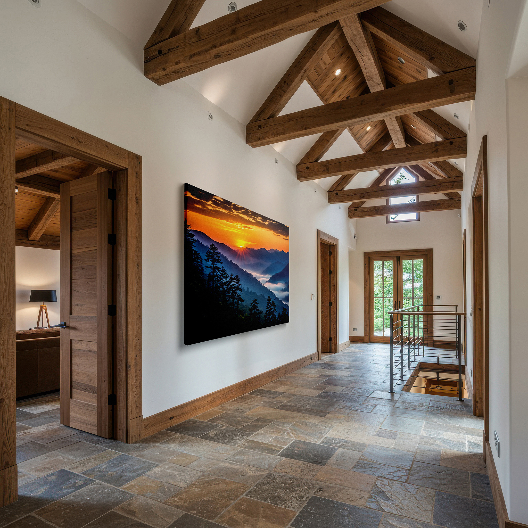 Lighting brings out layered depth in the print’s surface grain — sunrise over misty valley wall art: majestic mountains and silhouetted evergreens - large canvas for office or bedroom decor