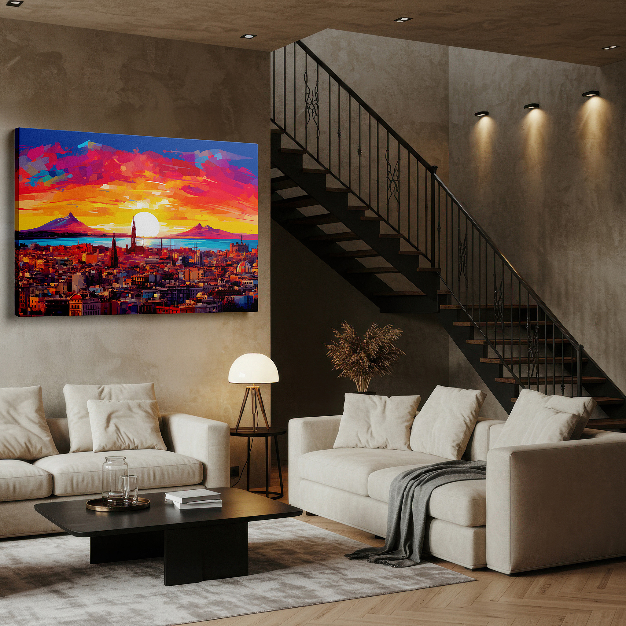 Lighting brings out layered depth in the print’s surface grain — sunset and cityscape against majestic mountains - a perfect fusion of natural and urban vibes large wall art, canvas wall art, wall decor for office