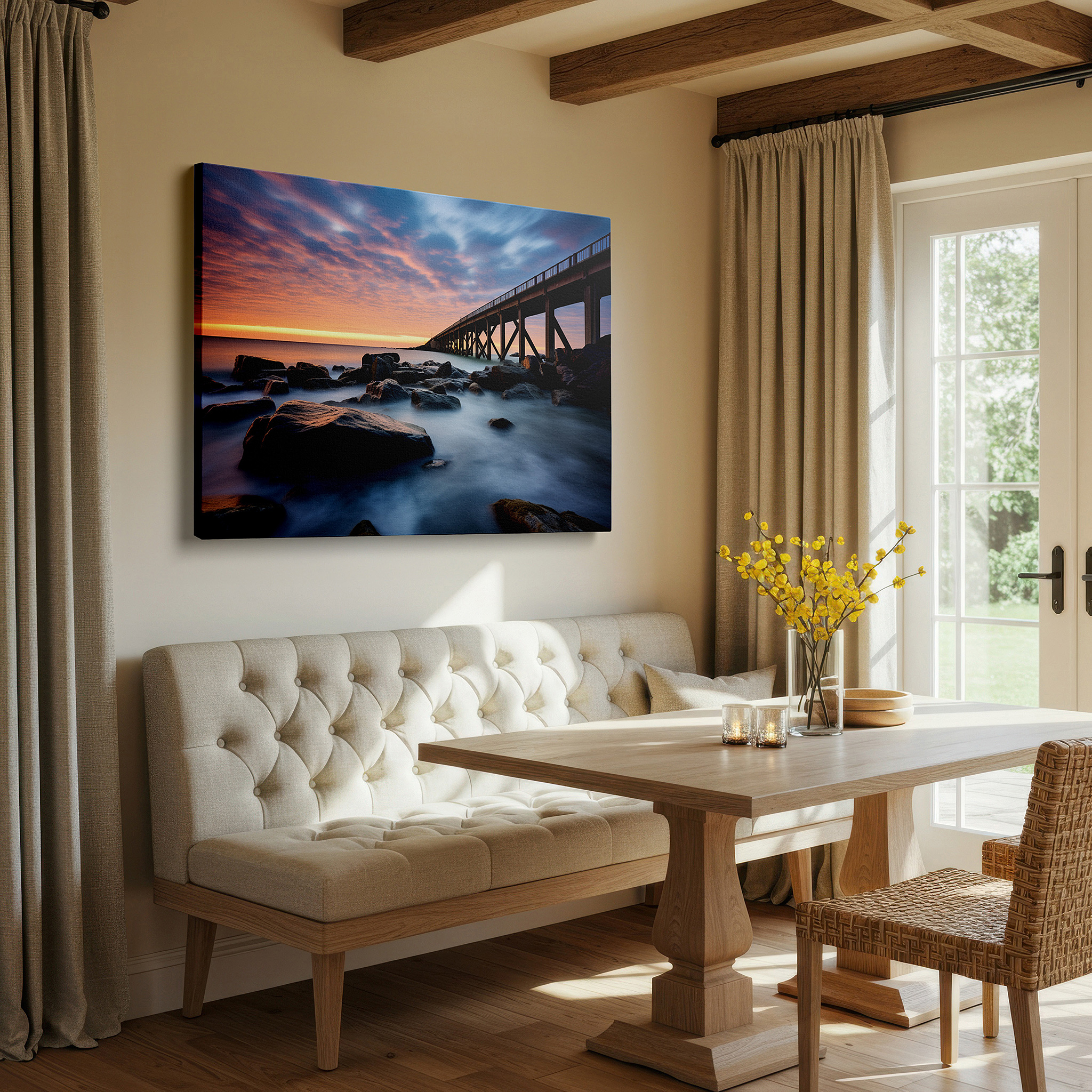 Lighting brings out layered depth in the print’s surface grain — sunset over tranquil waters and rocky coastline with arched bridge large canvas wall art for office and bedroom decor