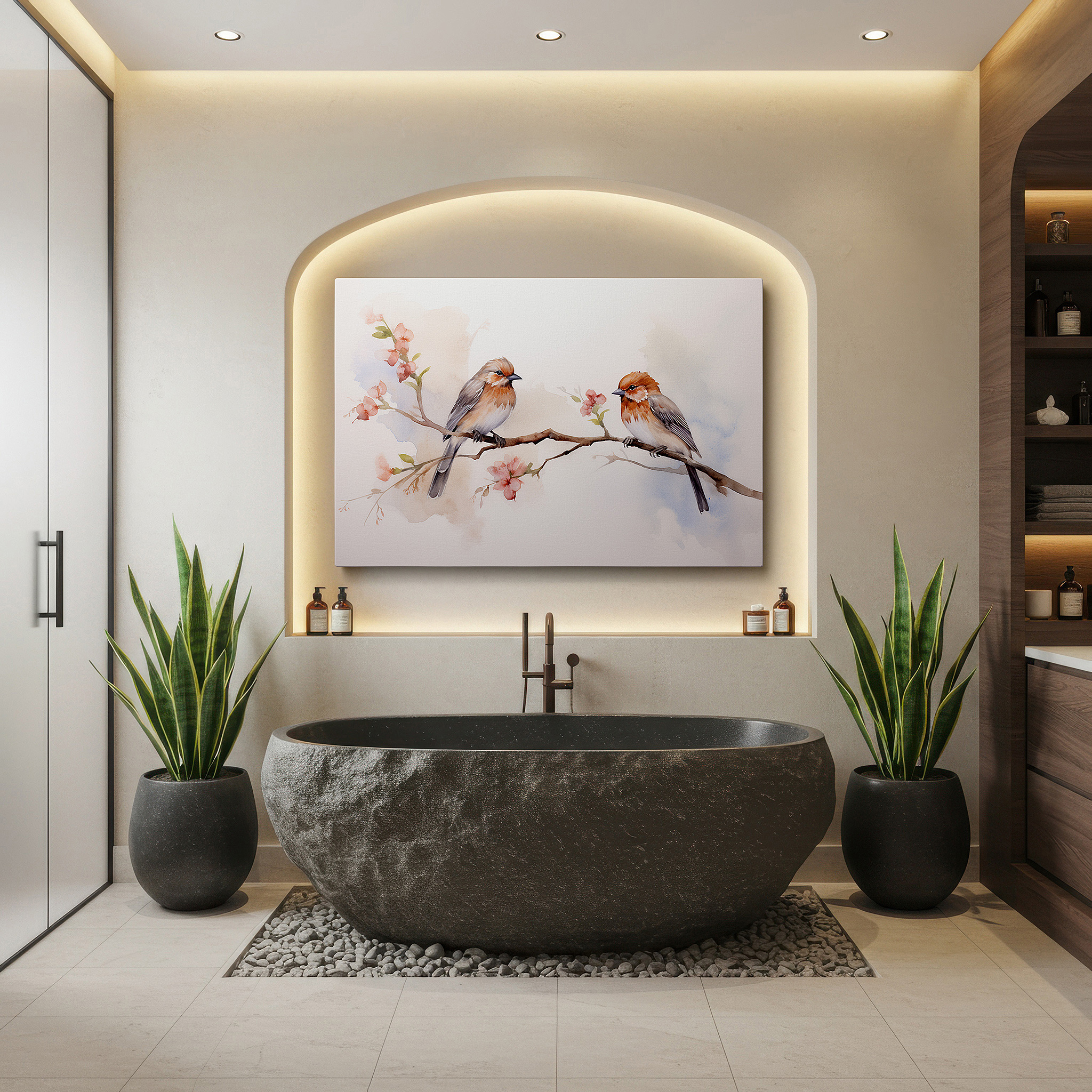 Lighting brings out layered depth in the print’s surface grain — tender birds perched on flowering branches, representing love and connection - large wall art, canvas wall art, wall decor for office and bedroom