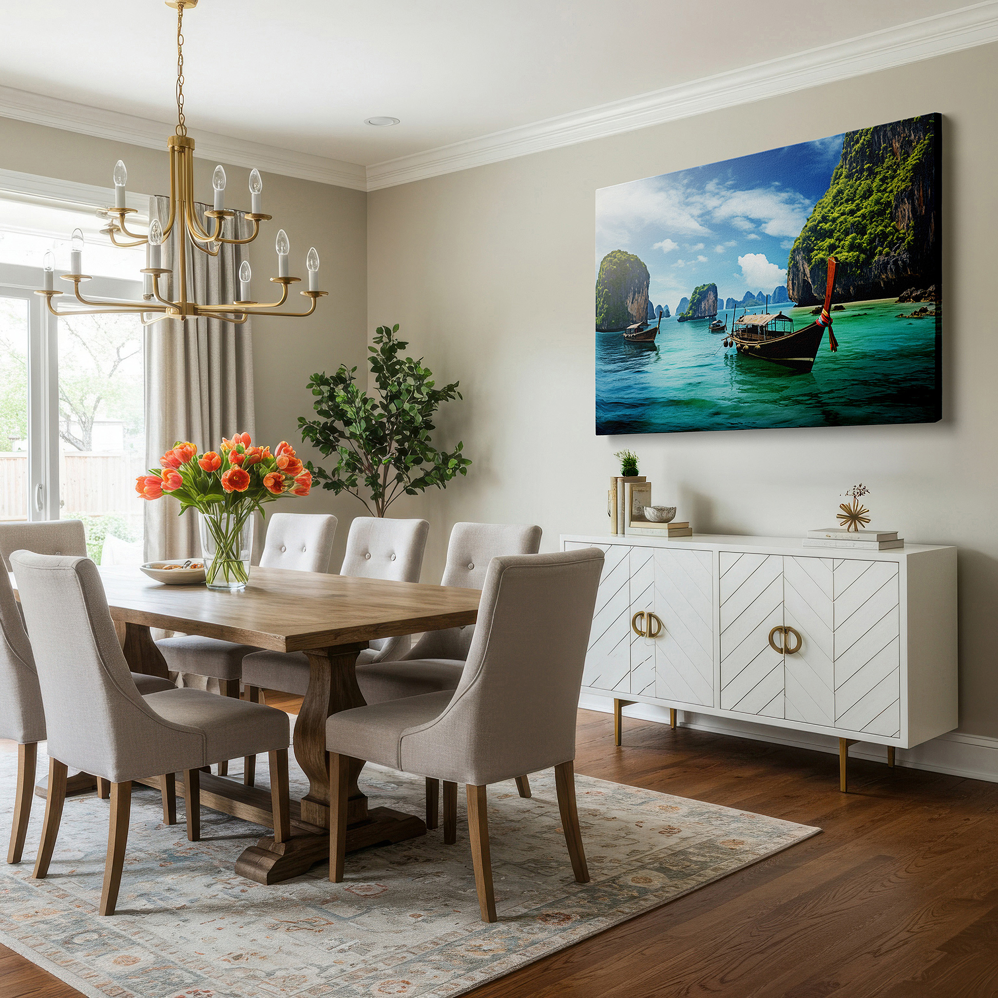 Lighting brings out layered depth in the print’s surface grain — tropical paradise canvas: serene waters and majestic limestone cliffs - large wall art for office and bedroom decor