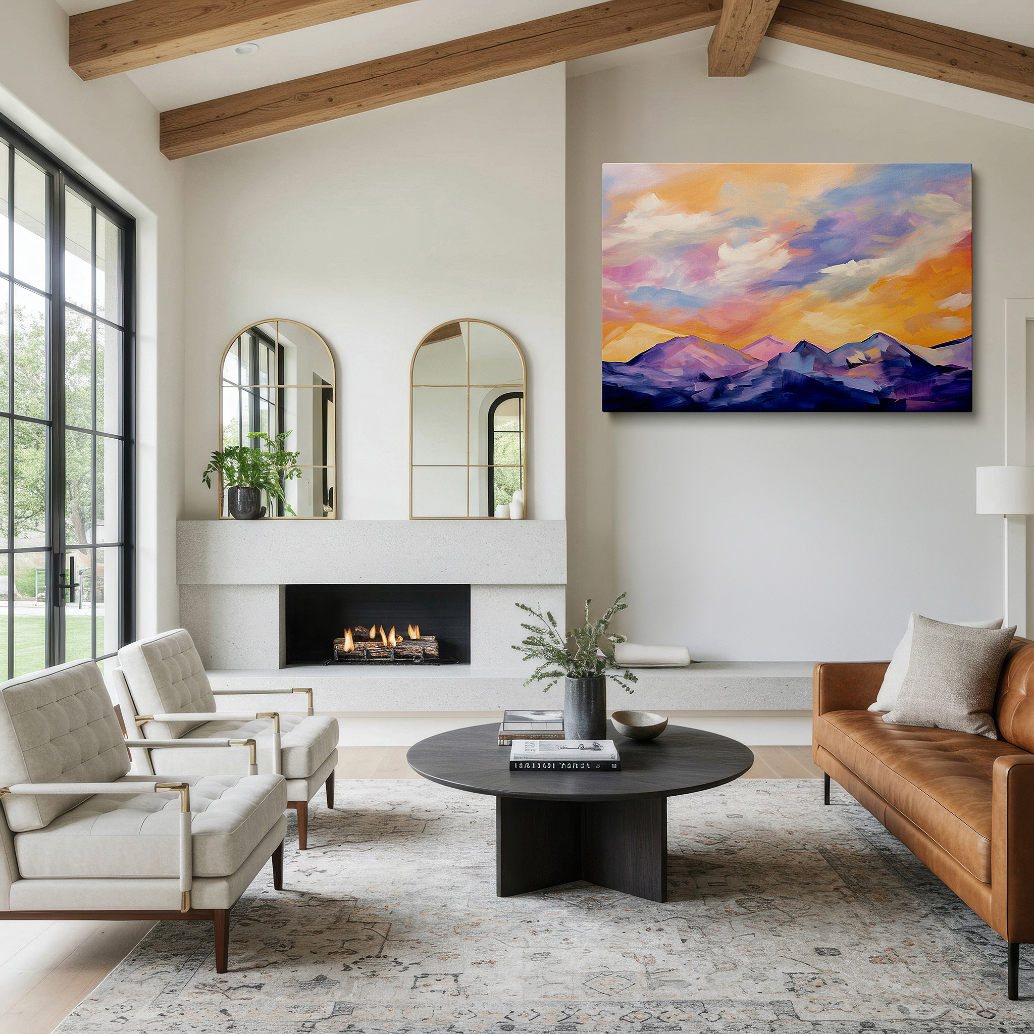 Lighting brings out layered depth in the print’s surface grain — twilight's majestic shift - abstract mountain landscape in purple, pink, and orange hues, large canvas wall art for home and office decor