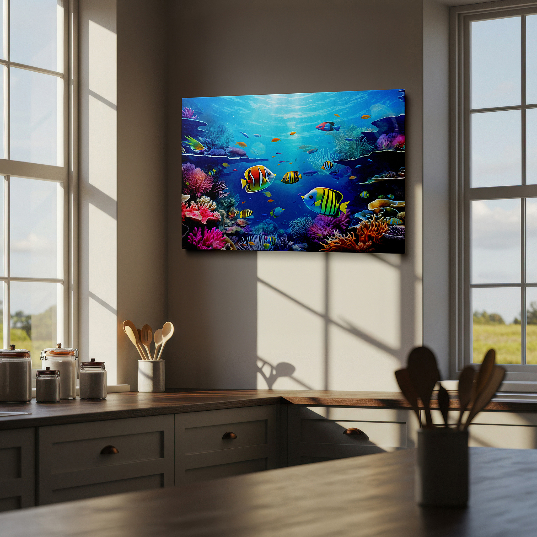 Lighting brings out layered depth in the print’s surface grain — underwater coral reef diversity large wall art - vibrant canvas decor for office, bedroom, and living room