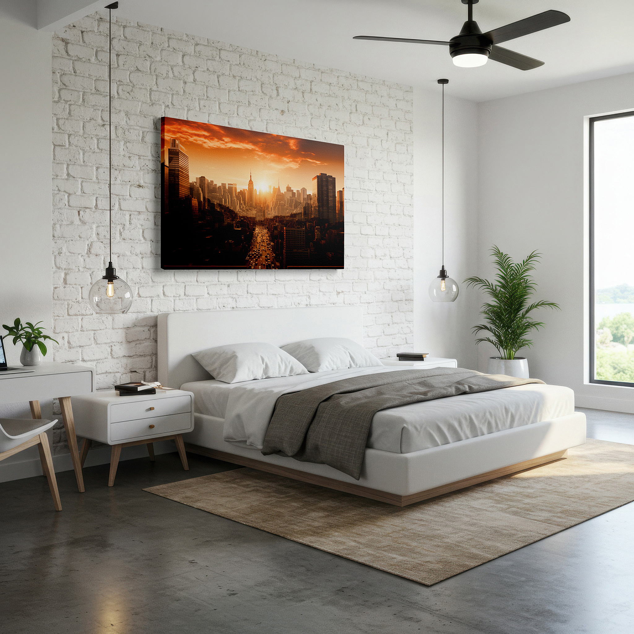 Lighting brings out layered depth in the print’s surface grain — urban sunset cityscape: vibrant metropolis at dusk - large canvas wall art for office, bedroom, and living room decor