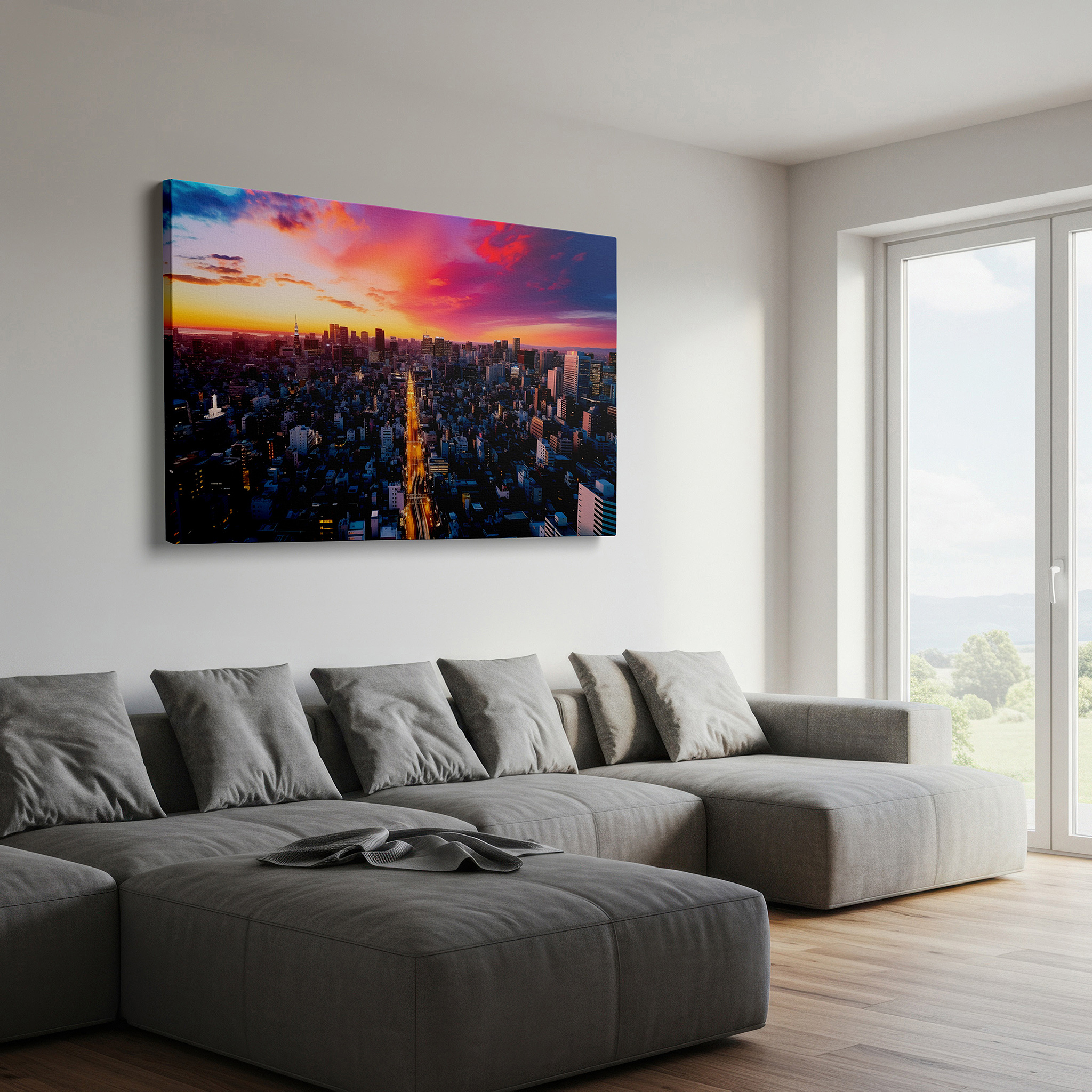 Lighting brings out layered depth in the print’s surface grain — urban sunset enchantment: a vivid symphony of light and architecture - large canvas wall art for office and bedroom decor