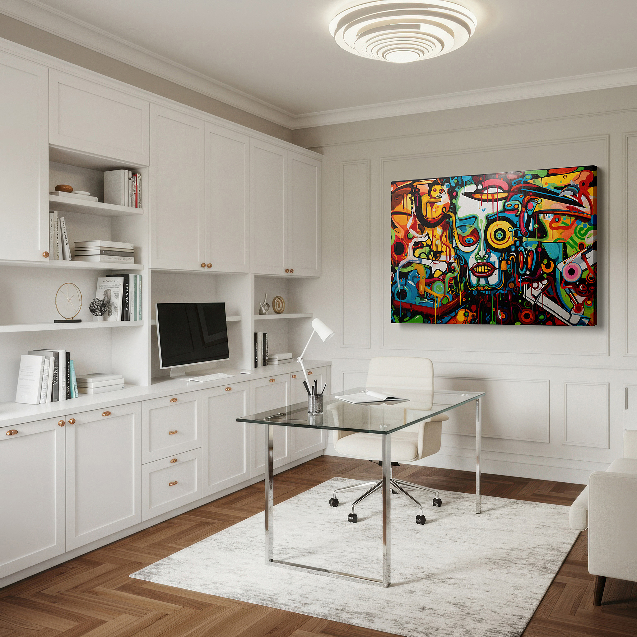 Lighting brings out layered depth in the print’s surface grain — vibrant abstract symphony wall art featuring dynamic swirls and stylized faces - large canvas art for home and office decor