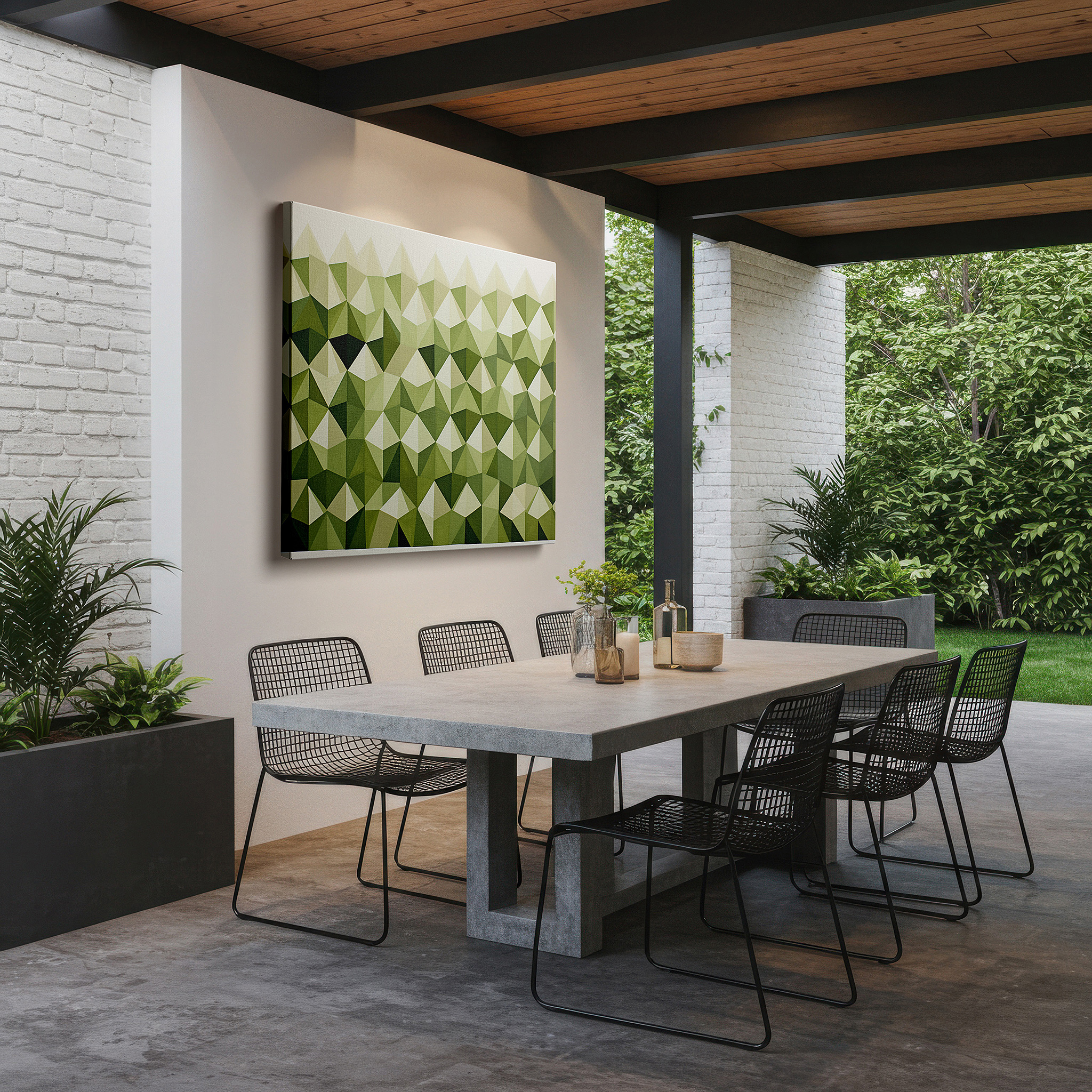 Lighting brings out layered depth in the print’s surface grain — vibrant green triangles: a modern tribute to motion and illumination, oversized wall art, canvas art, wall decor for office