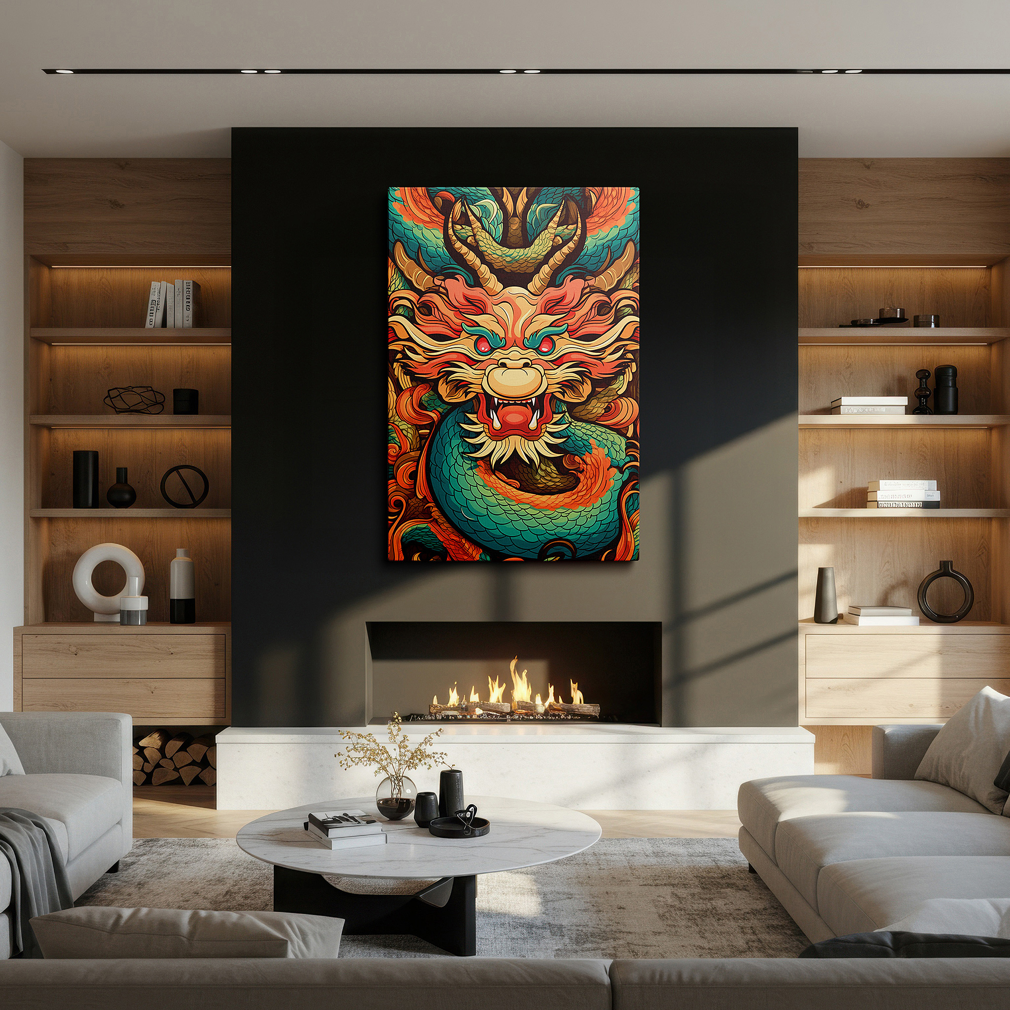 Lighting brings out layered depth in the print’s surface grain — vibrant mythical dragon portrait, symbolizing strength and wisdom, large canvas wall art for office decor