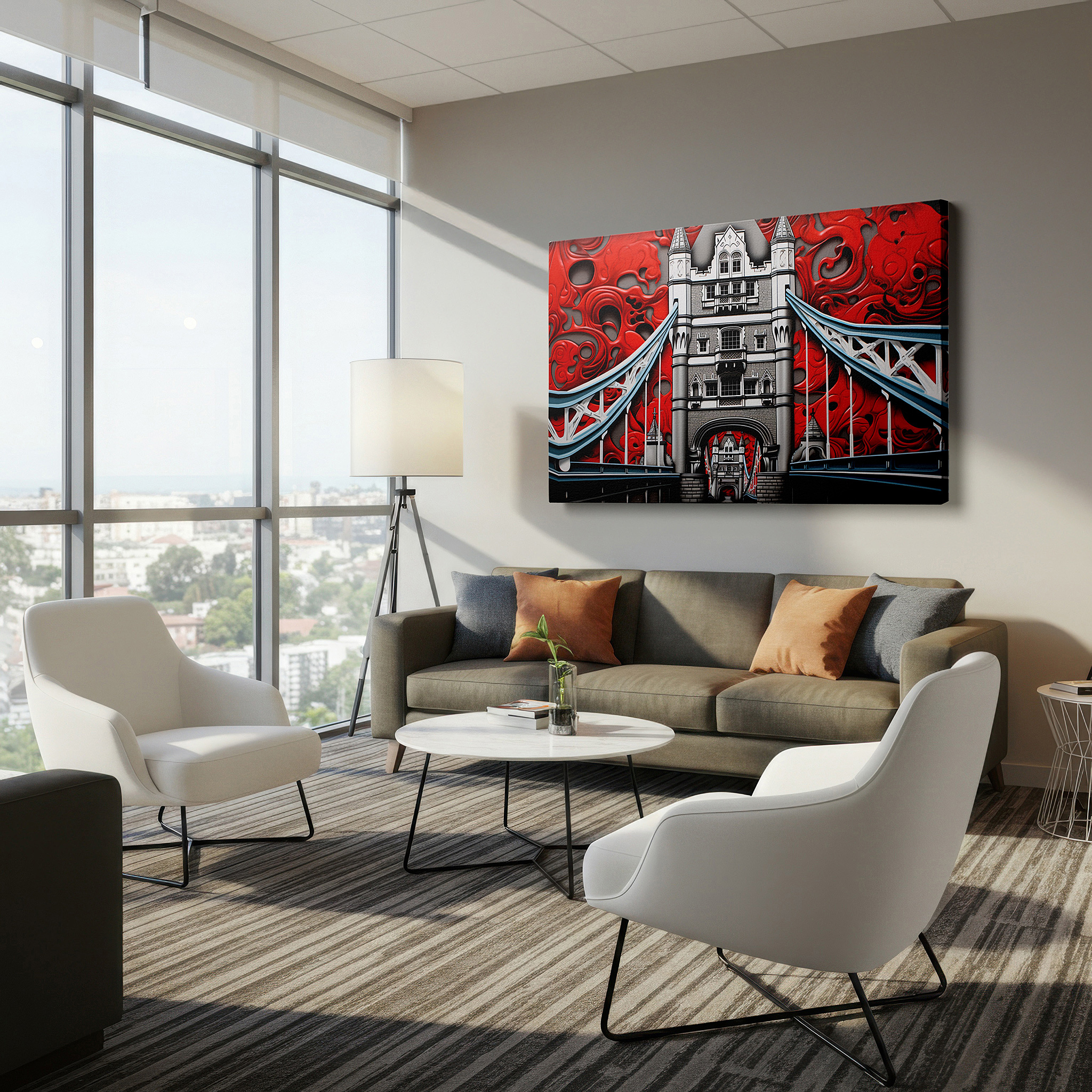 Lighting brings out layered depth in the print’s surface grain — vibrant red and black tower bridge canvas wall art, perfect for office or bedroom decor