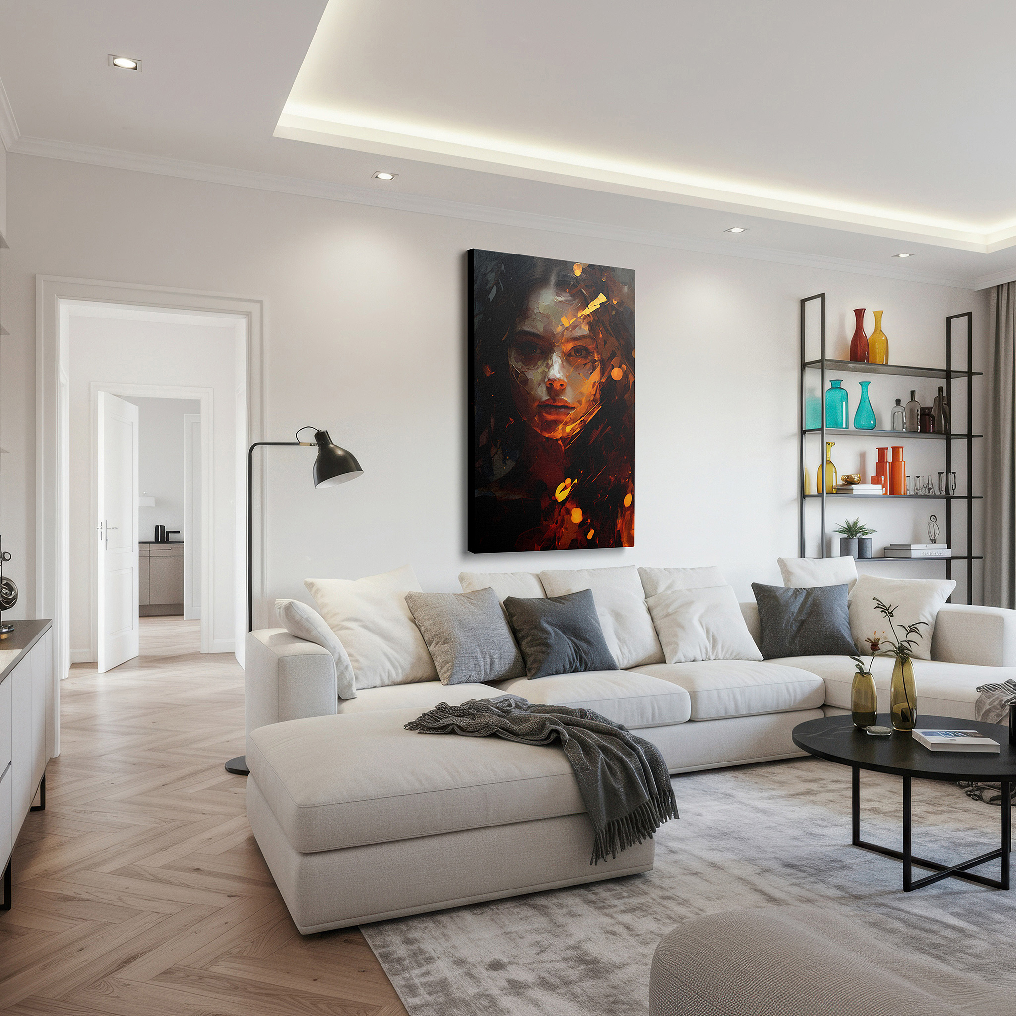 Lighting brings out layered depth in the print’s surface grain — vivid feelings and artistic excellence in the mysterious expression of a woman: large wall art, canvas wall art, wall decor for office and bedroom