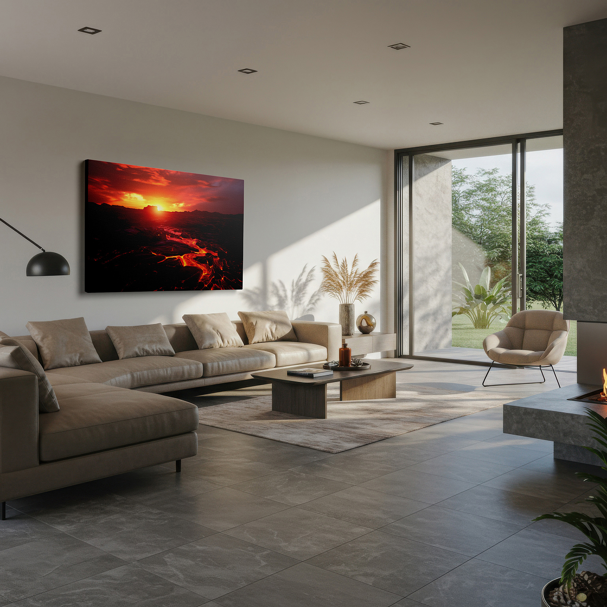 Lighting brings out layered depth in the print’s surface grain — volcanic rage beneath a sunset sky - a striking contrast of light and darkness large wall art, canvas wall art, wall decor, office wall art