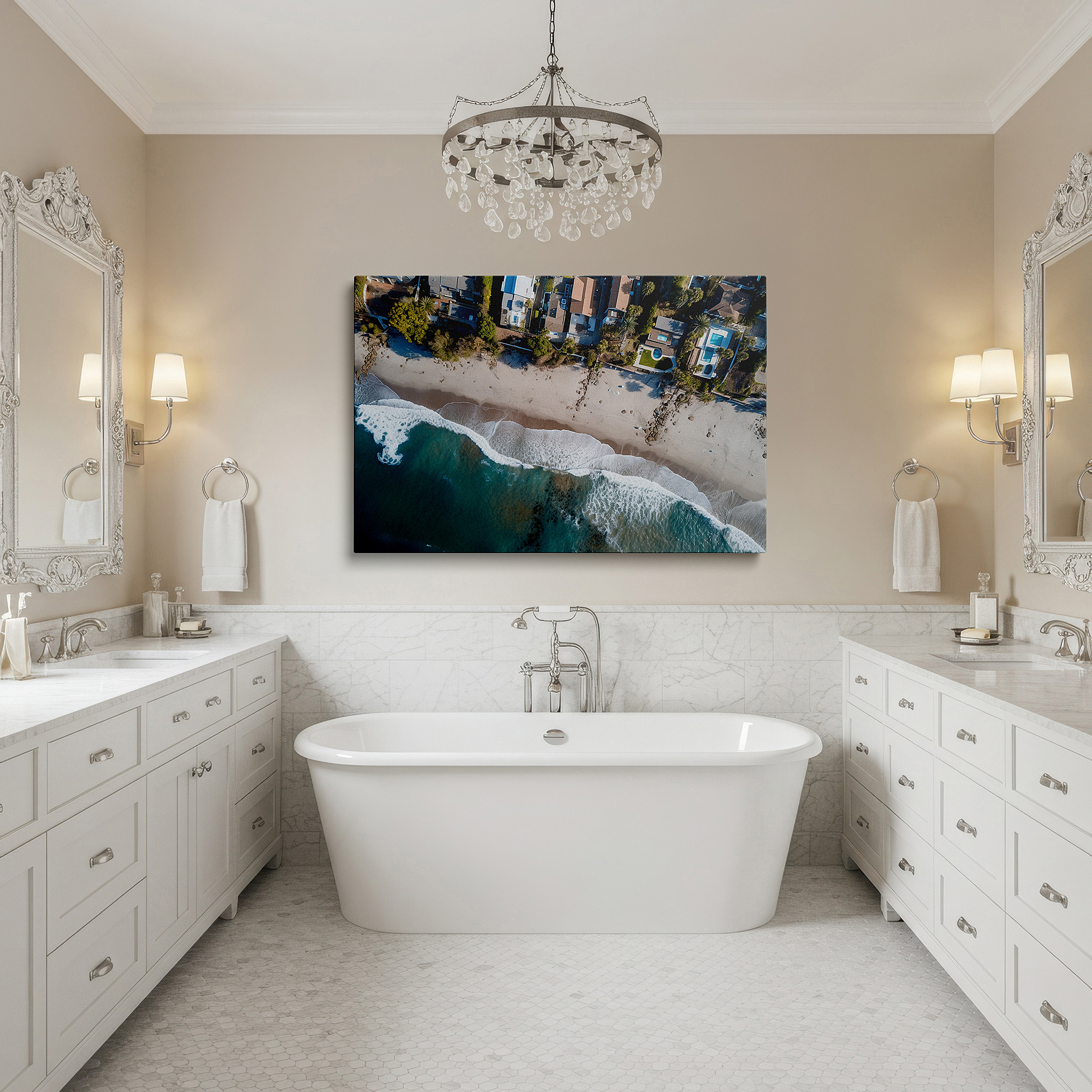 Lighting brings out layered depth in the print’s surface grain — wall art: aerial view of tranquil beach and coastal homes - serene seascape for peaceful living, large canvas wall art decor for office