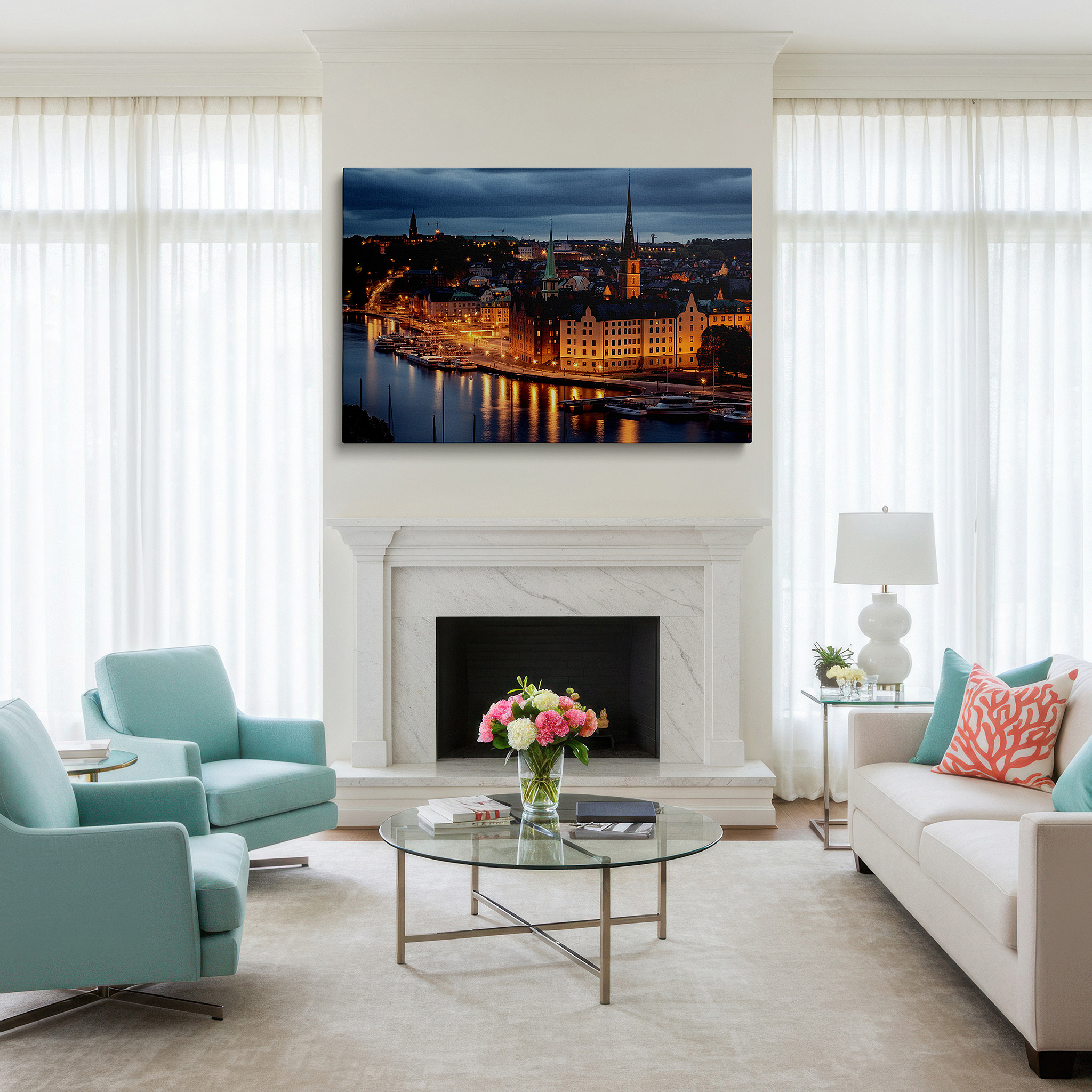 Lighting brings out layered depth in the print’s surface grain — wall art: captivating night in stockholm - blending historical charm with contemporary energy, large canvas wall art, decorative wall art for office
