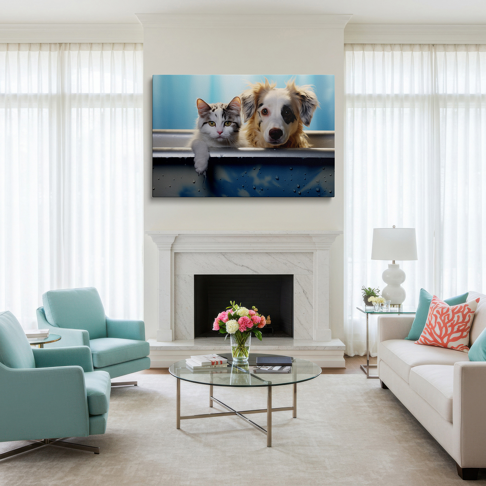 Lighting brings out layered depth in the print’s surface grain — wall art: charming scene of a fluffy dog and adorable cat sharing a cozy bathtub, exemplifying interspecies friendship - large canvas wall art decor.