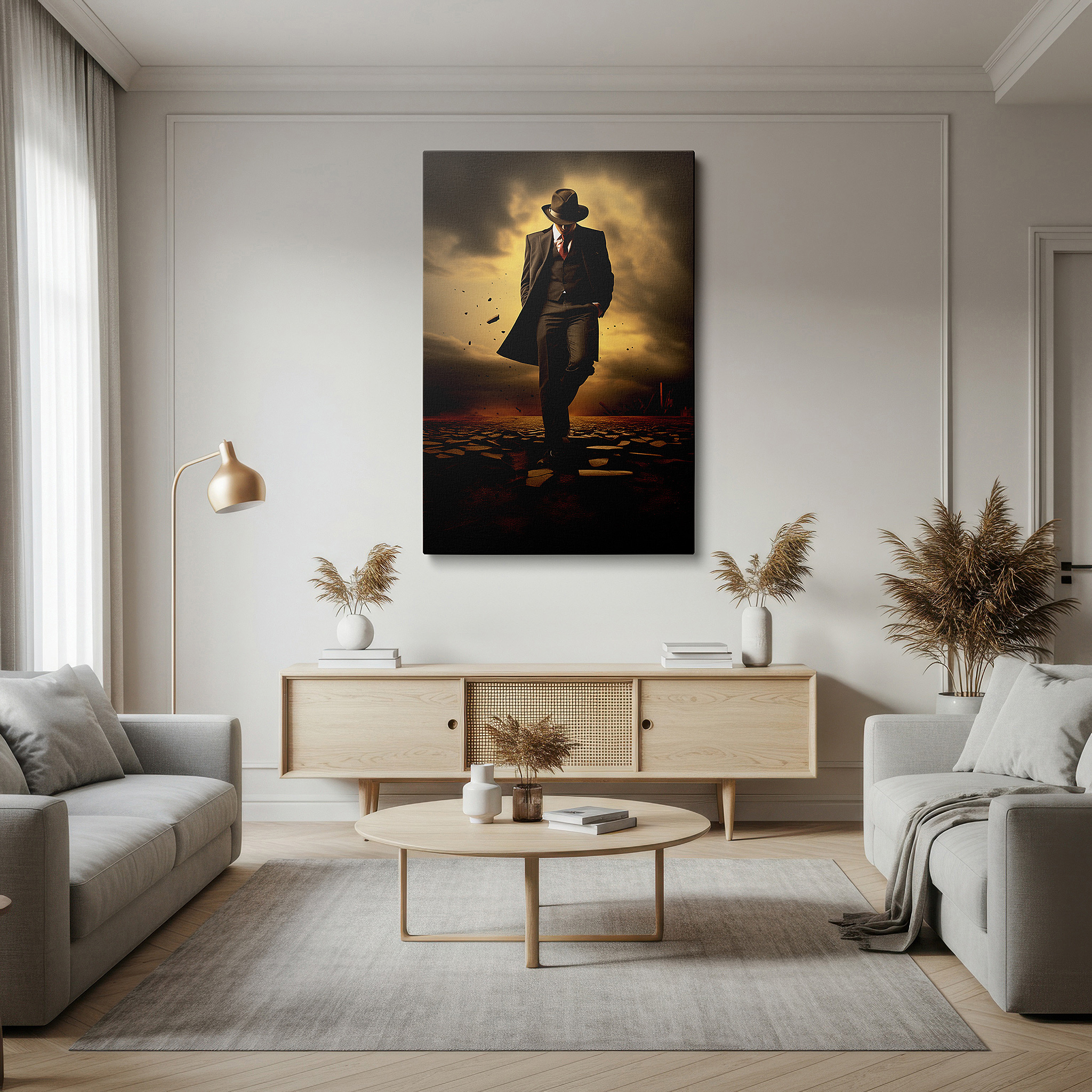 Lighting brings out layered depth in the print’s surface grain — wall art: "civilization meets nature" - man in suit against stormy wilderness scene, large canvas wall art for office decor