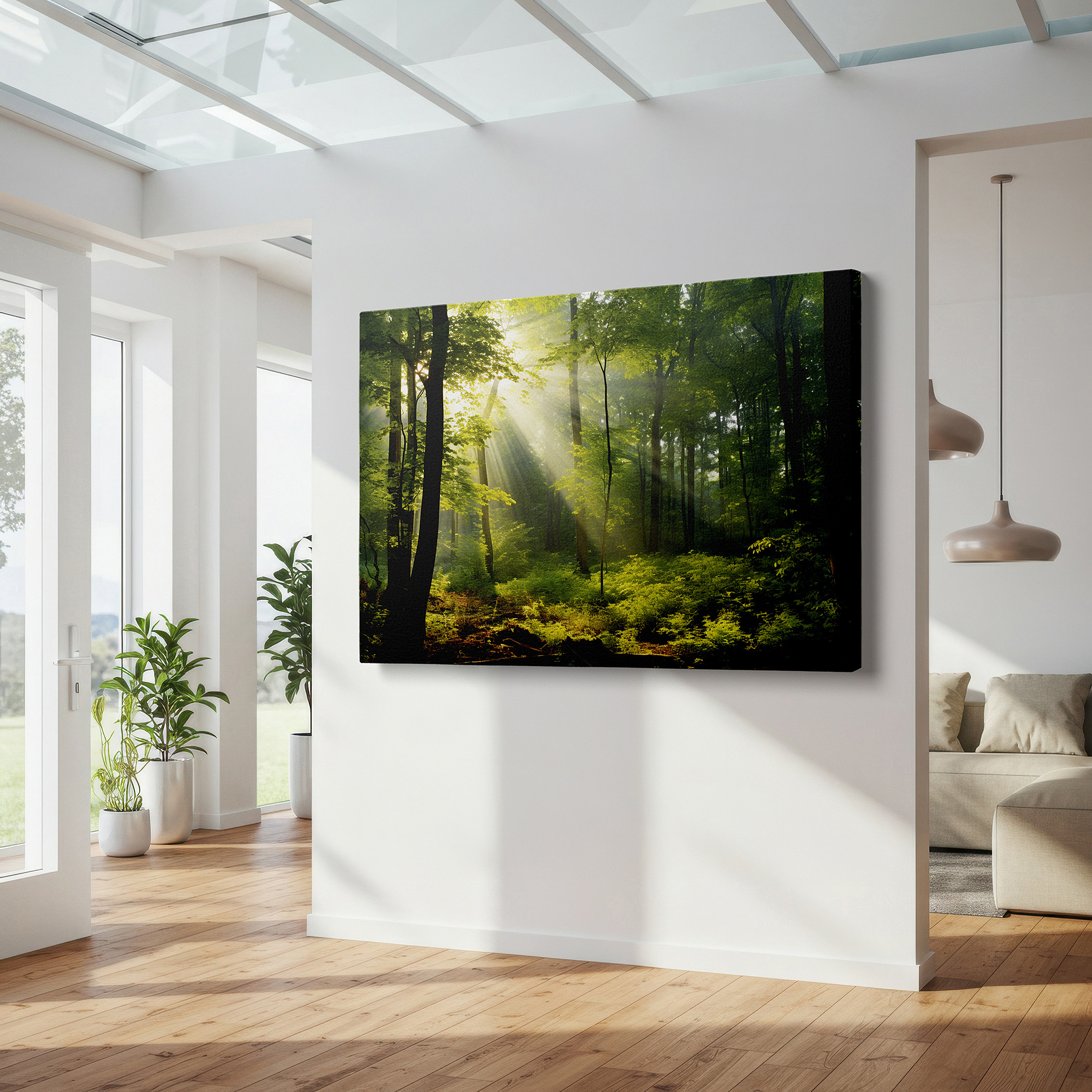 Lighting brings out layered depth in the print’s surface grain — wall art: enchanted forest daylight canopy - sunlight dancing through lush greens, tranquil woodland escape - large canvas wall art for office decor