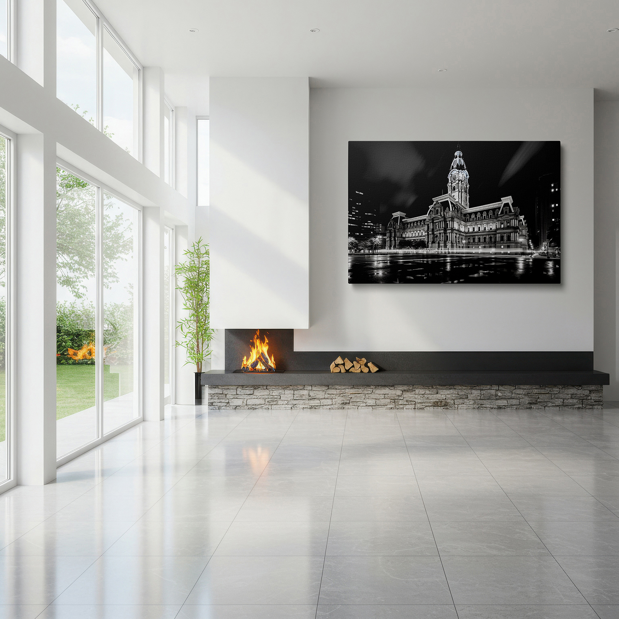 Lighting brings out layered depth in the print’s surface grain — wall art: majestic city hall at night - monochrome symphony of light and shadow. large canvas wall art for office and bedroom decor.