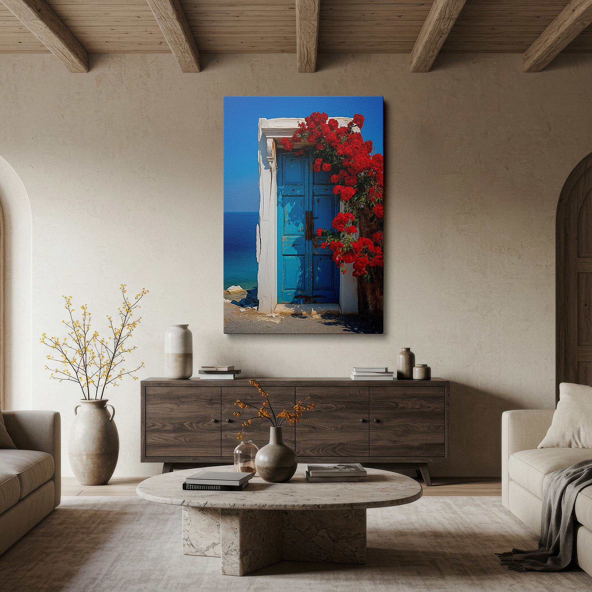 Lighting brings out layered depth in the print’s surface grain — wall art: serene coastal landscape featuring a bright blue door and red flowers - large canvas wall art for office, bedroom, and living room decor