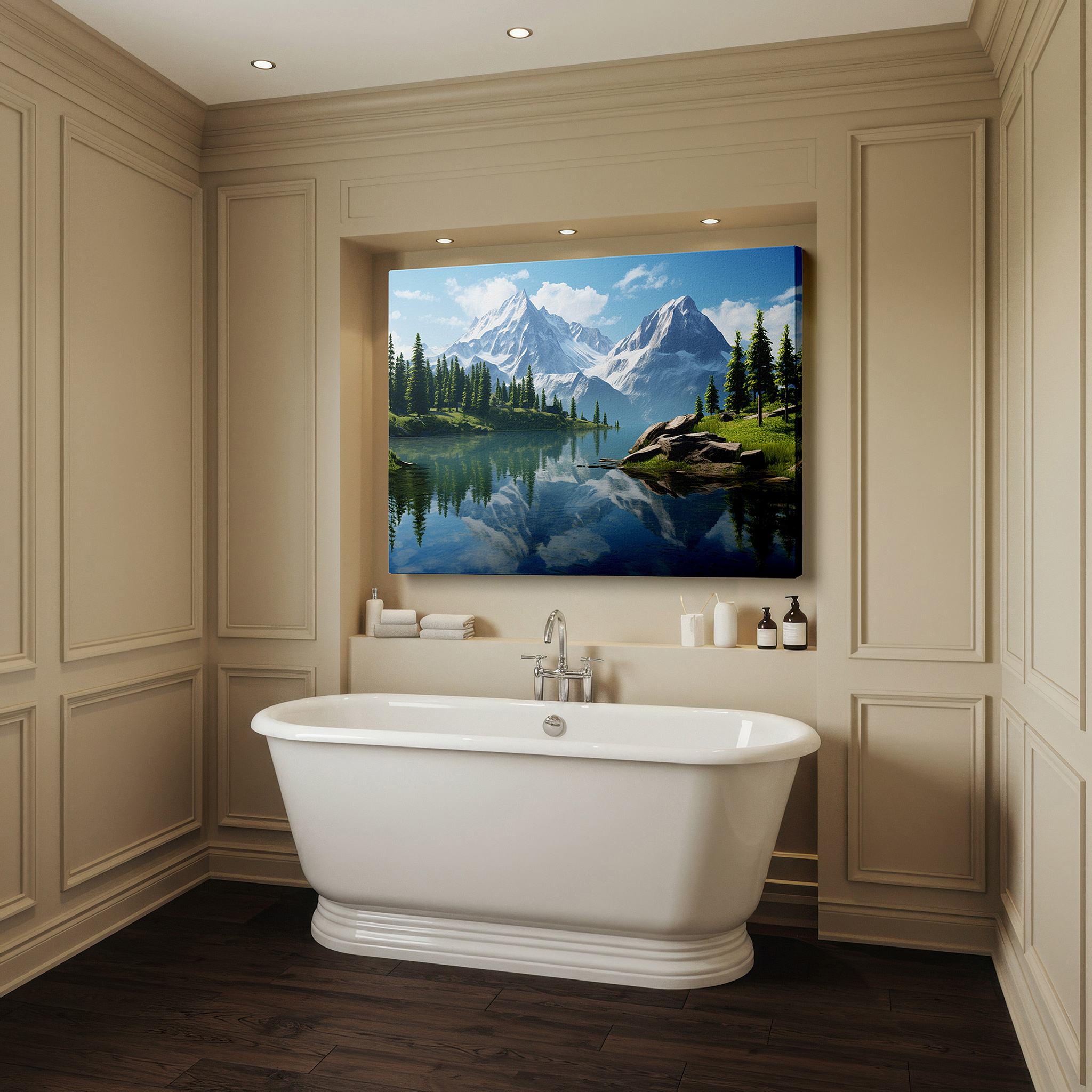 Lighting brings out layered depth in the print’s surface grain — wall art: serene mountain and lake reflections - a peaceful retreat for nature enthusiasts. large canvas wall art for home and office decor.