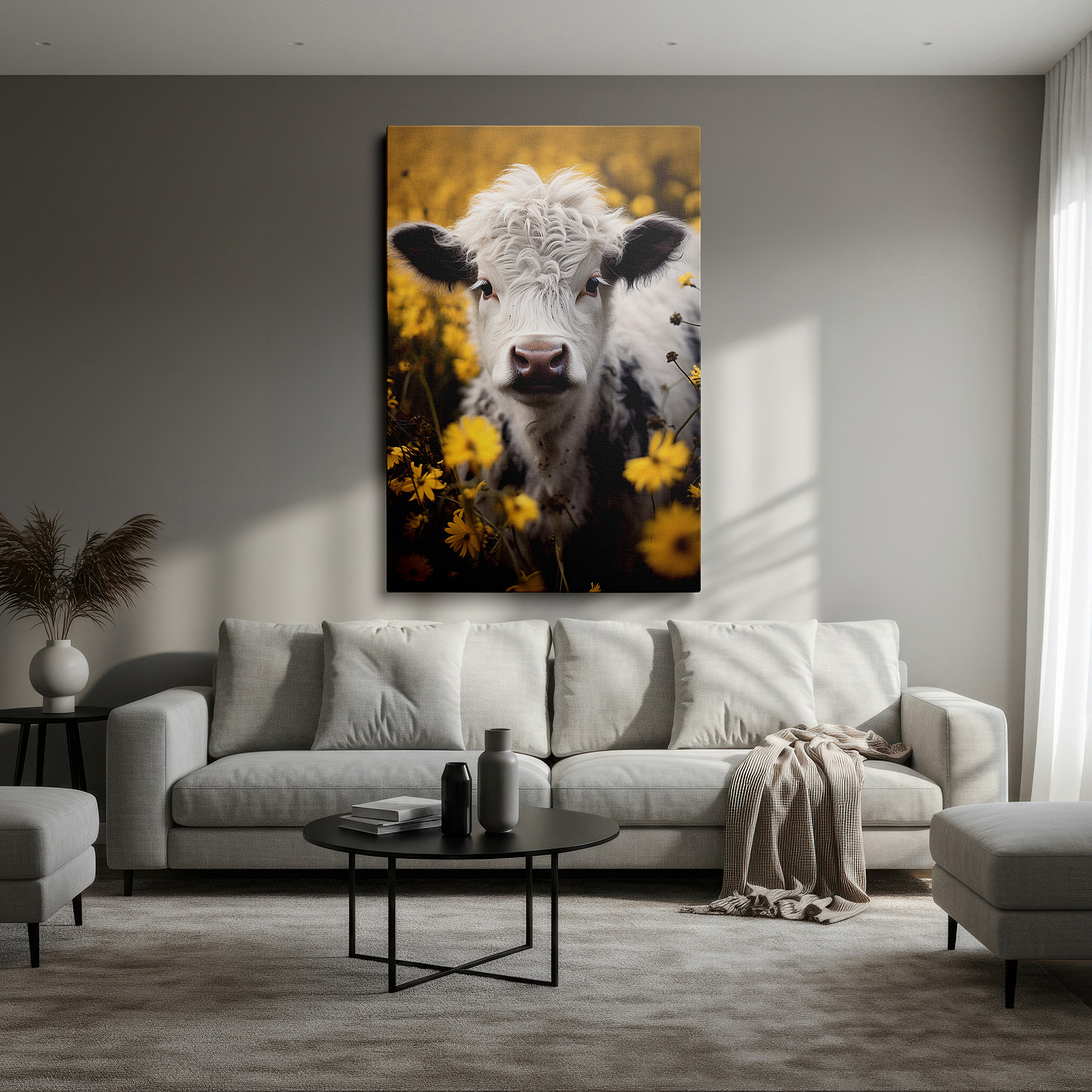 Lighting brings out layered depth in the print’s surface grain — wall art: tranquil countryside elegance featuring a calm cow in a lush meadow - large canvas wall art for home and office decor, perfect for living rooms and bedrooms