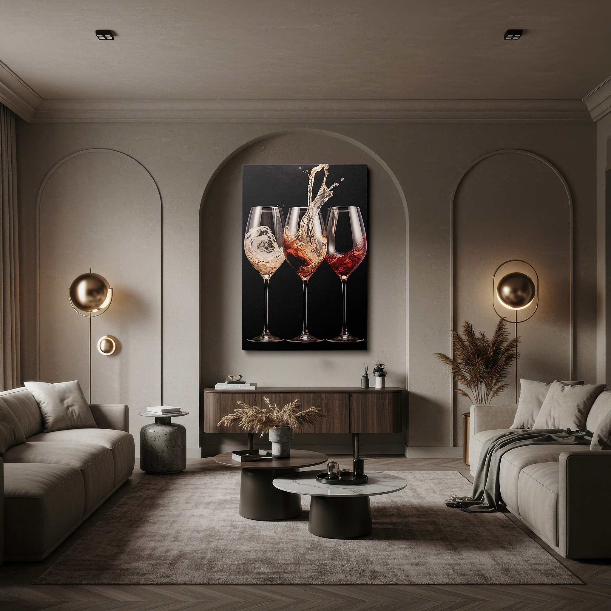 Lighting brings out layered depth in the print’s surface grain — wall decor: elegant dance of wine on a stark black background - large canvas art perfect for home or office