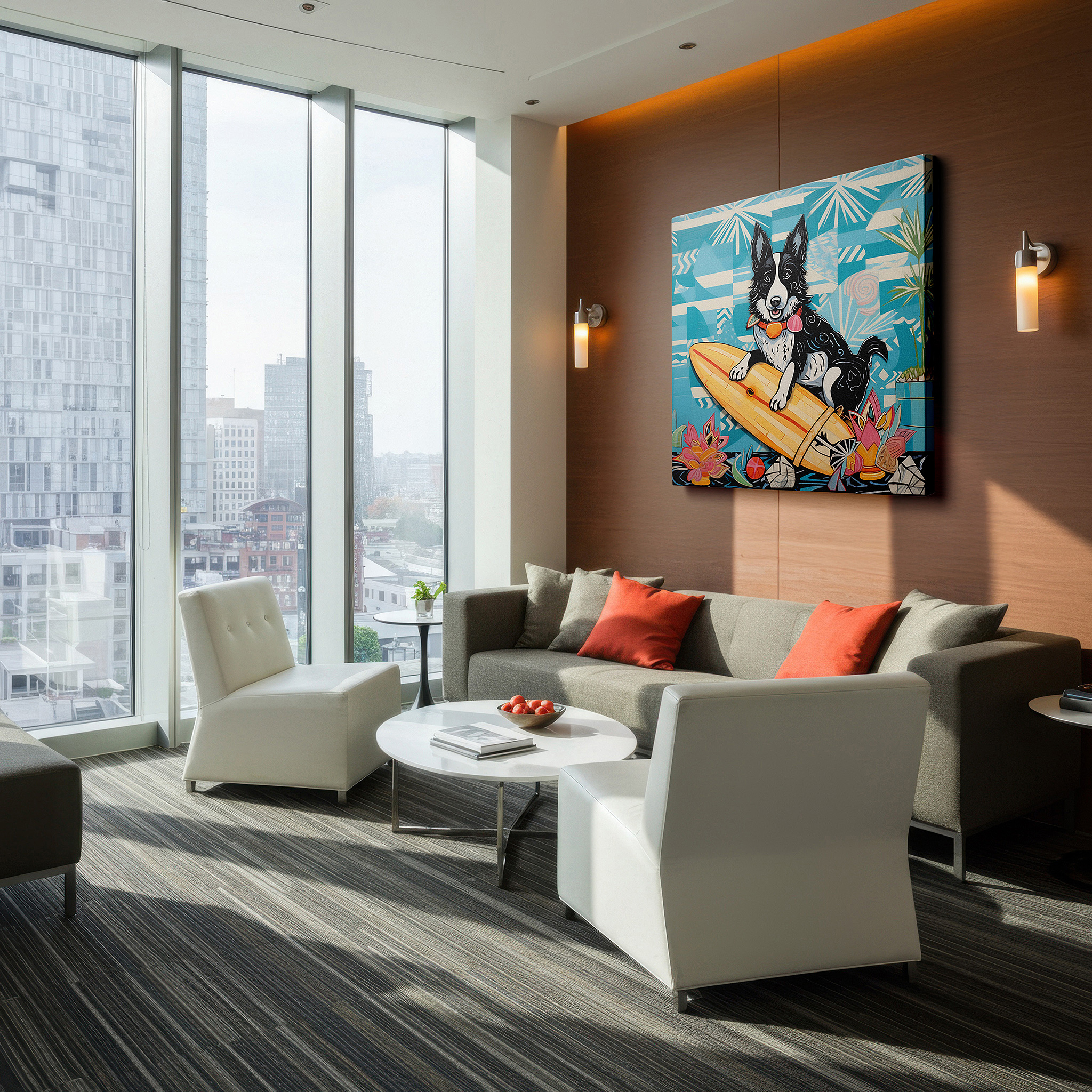 Lighting brings out layered depth in the print’s surface grain — wall decor: "joyful summer adventures" - surfing dog in sunglasses, large canvas art for office, bedroom, and living room