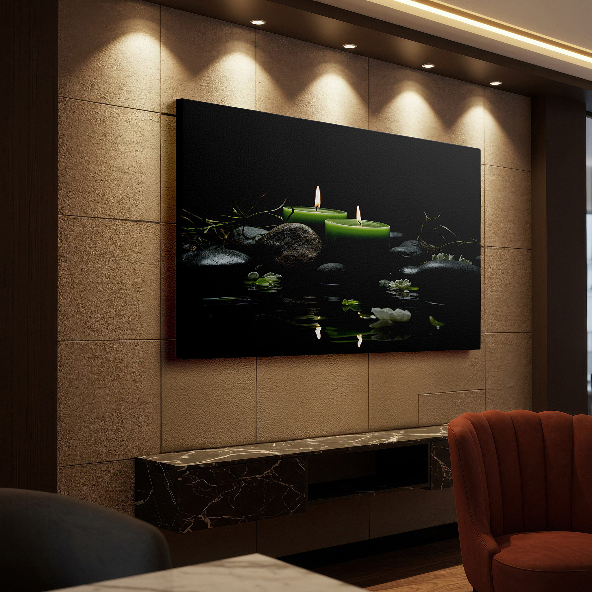 Lighting brings out layered depth in the print’s surface grain — wall decor: serene green candles and black stones with blooms reflected on water - large canvas art for office and bedroom