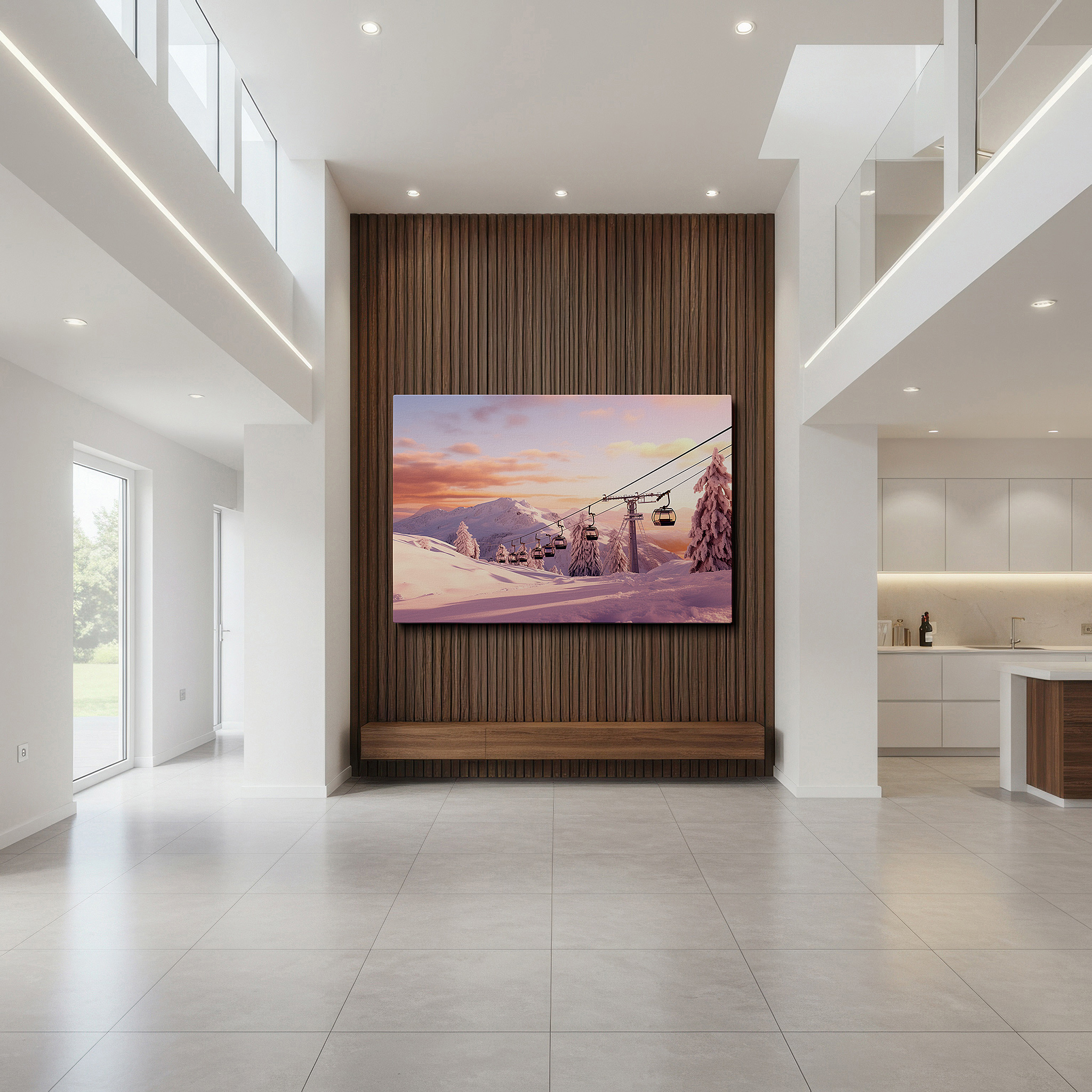 Lighting brings out layered depth in the print’s surface grain — wall decor: serene ski resort at sunset, gondolas above snowy peaks - large canvas art for office and bedroom