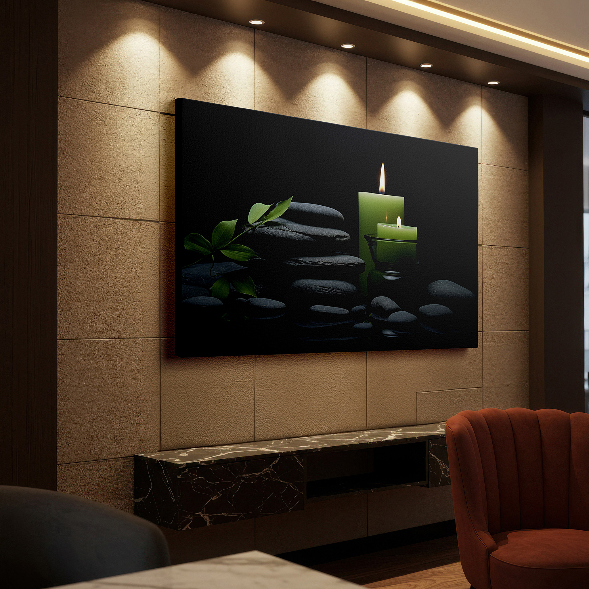 Lighting brings out layered depth in the print’s surface grain — zen-inspired wall art featuring candles, stones, and subtle green accents for mindful relaxation - perfect for office decor, large canvas wall art