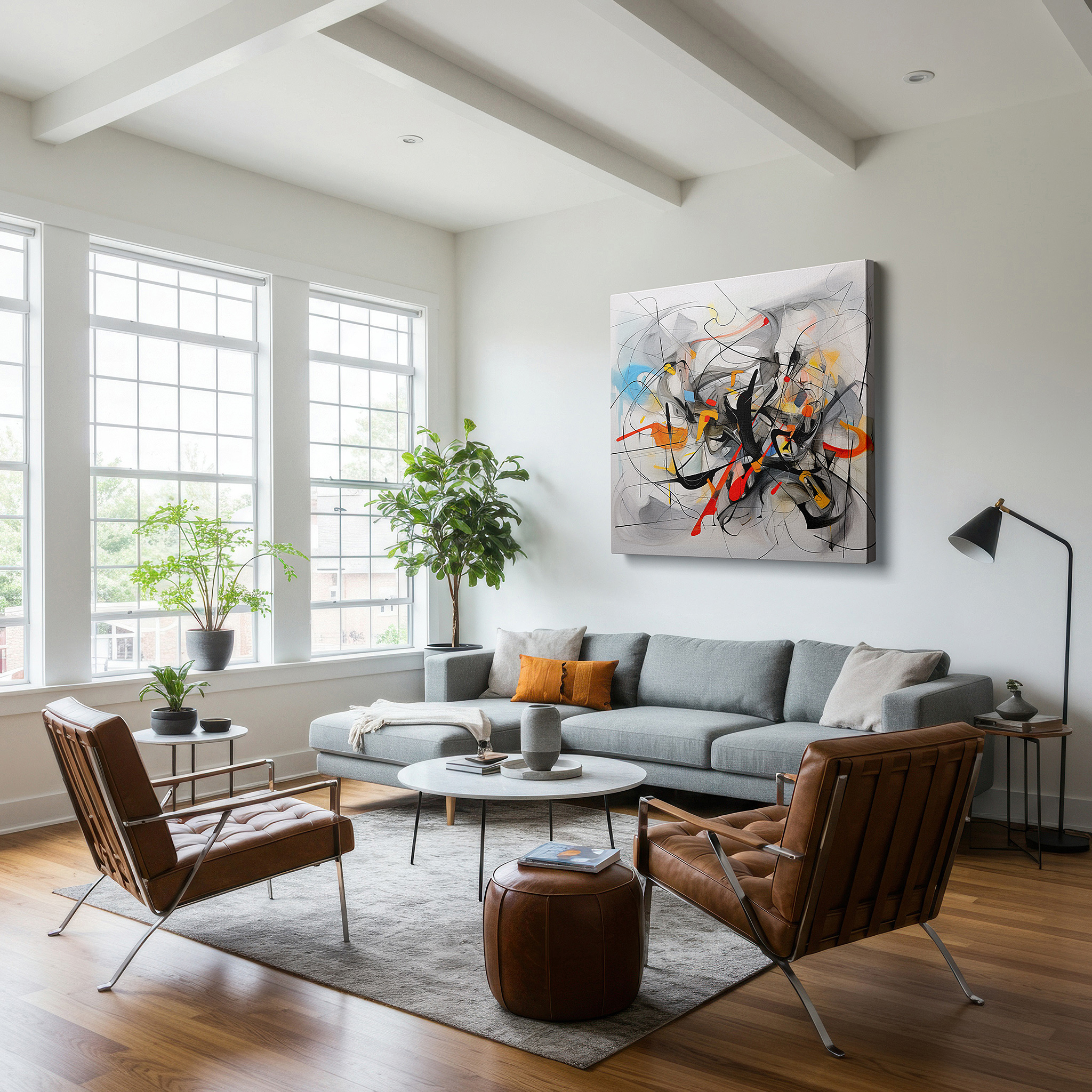 Mounted in a loft-style interior with exposed brick walls — abstract design symphony: colorful and dynamic large wall art for offices, bedrooms, and living rooms