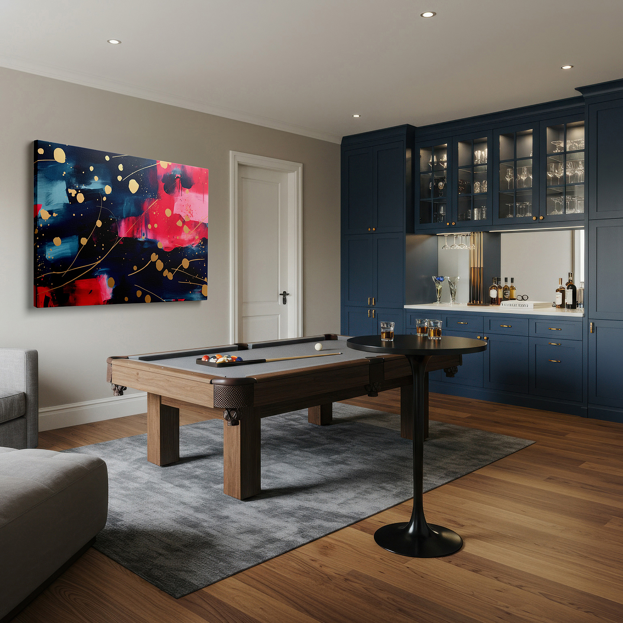 Mounted in a loft-style interior with exposed brick walls — abstract elegance featuring deep blues, vibrant reds, and luxurious gold accents - large canvas wall art for office and bedroom decor