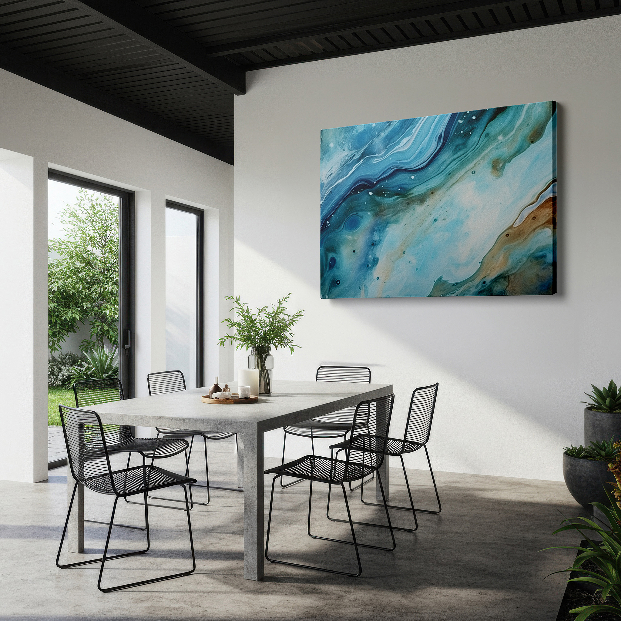 Mounted in a loft-style interior with exposed brick walls — abstract expressionist ocean waves vibrant symphony large canvas wall art for office, bedroom, and living room decor